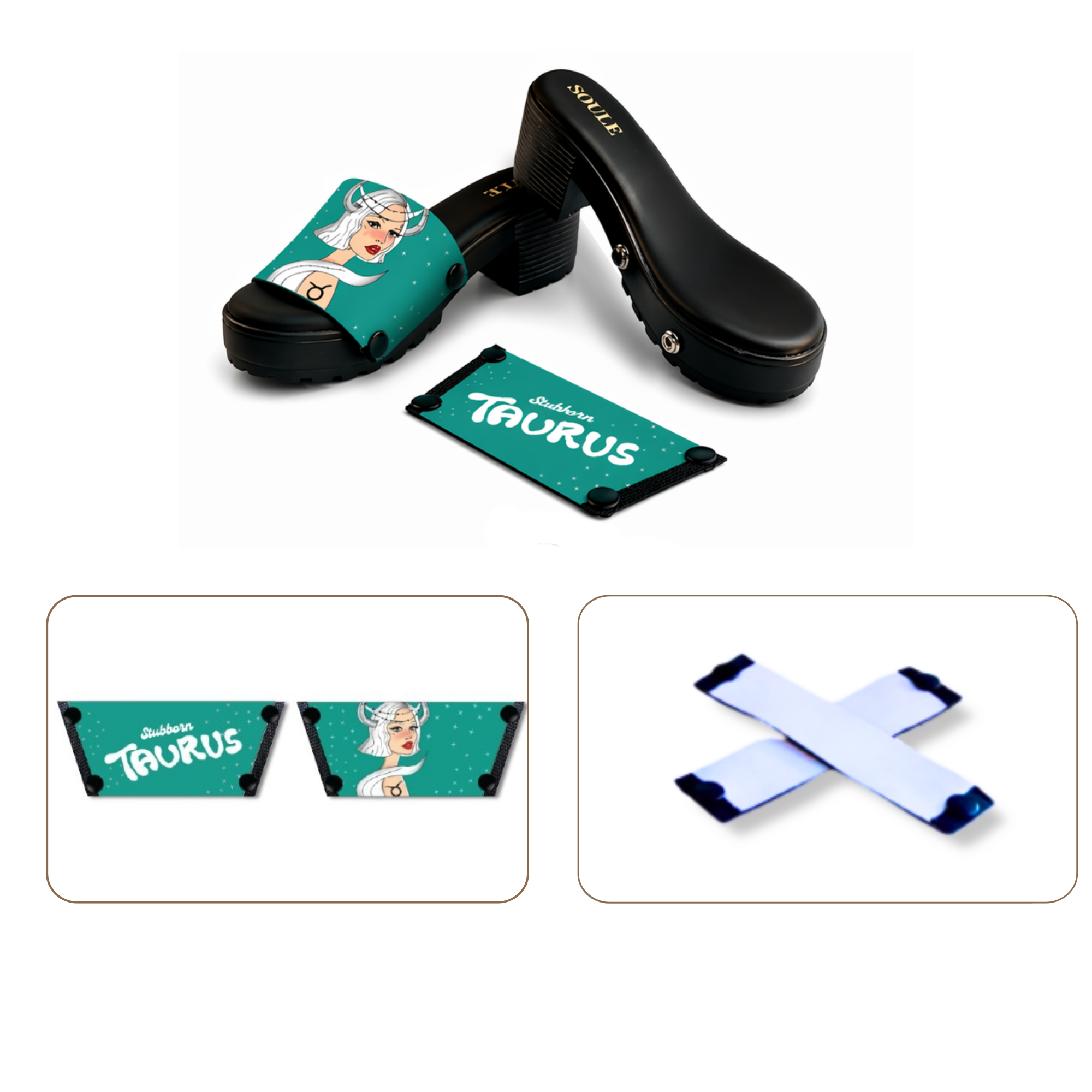 Soule  wedge sandal combo — Stubborn Taurus and White Criss Cross straps with Black Bliss sole