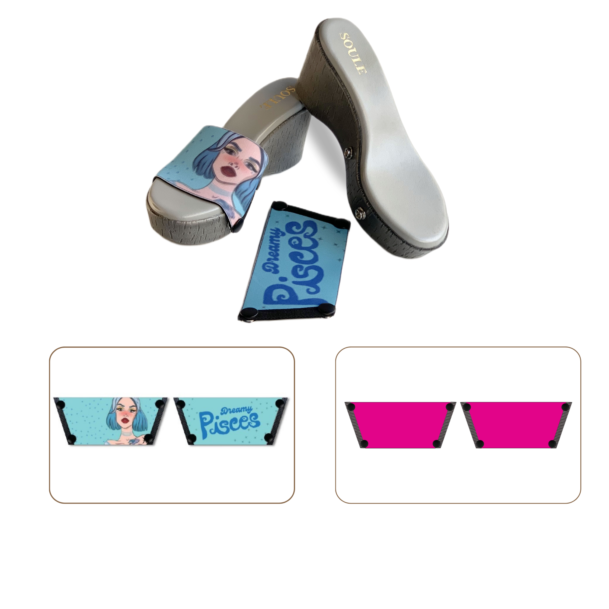 Soule wedge sandal combo — Dreamy Pisces and Shocking Pink straps with Grey Brush sole