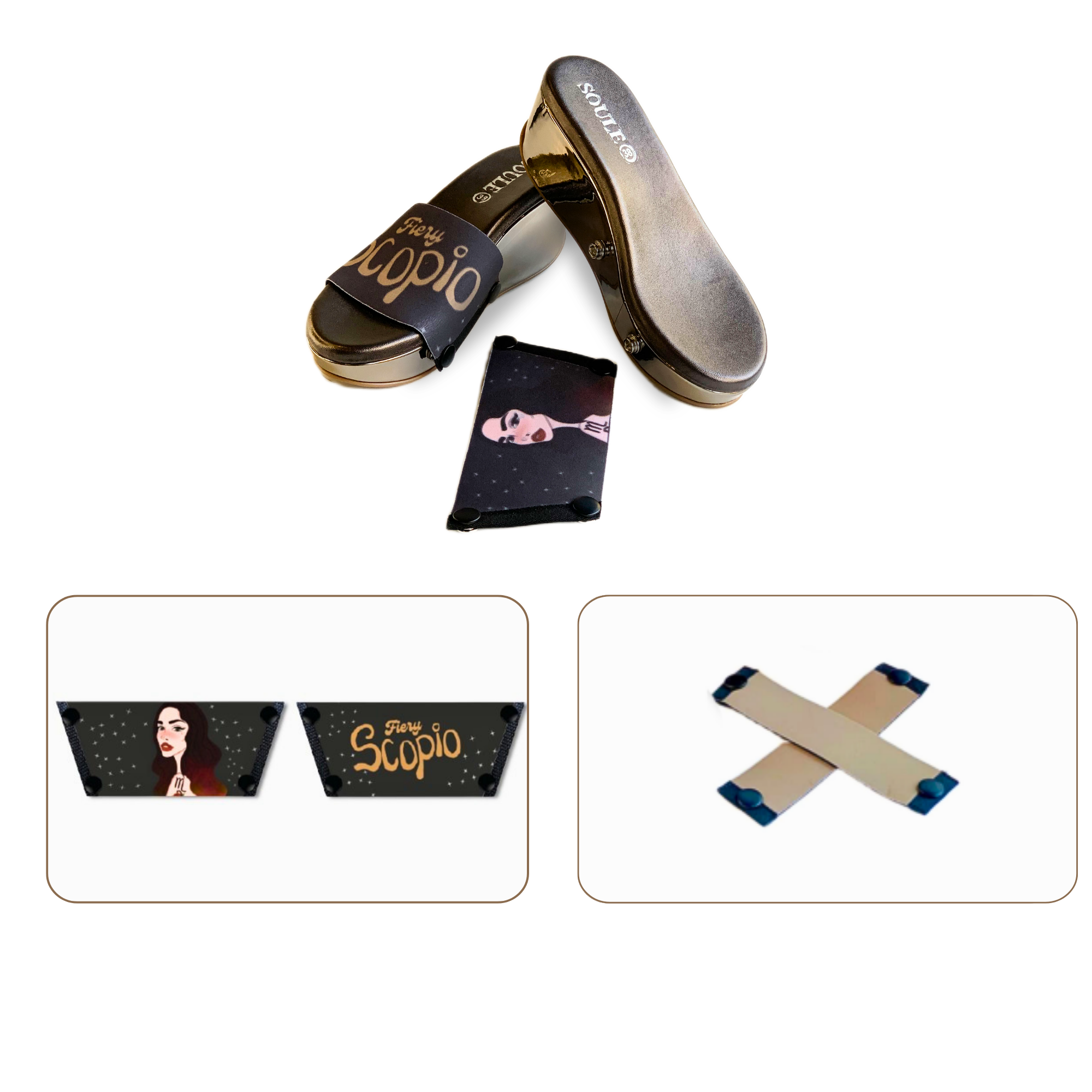 Soule wedge sandal combo — Fiery Scorpio and Beige Criss Cross straps with Gun Metal sole