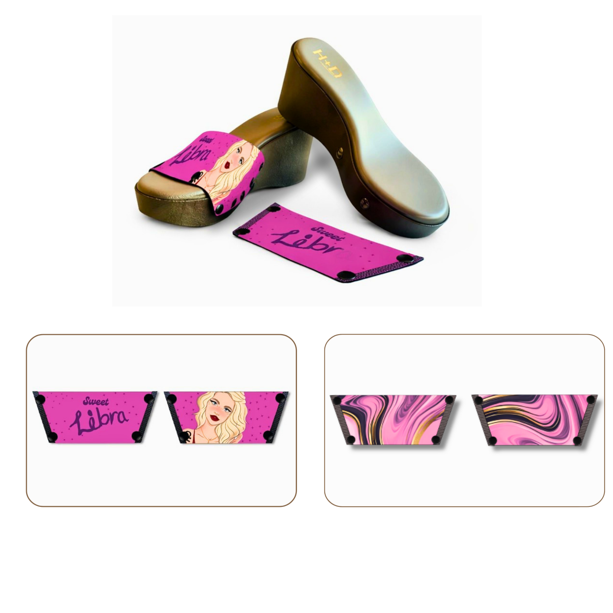 Soule  wedge sandal combo — Sweet Libra and Pink Swirl Symphony straps with Grey Brush sole