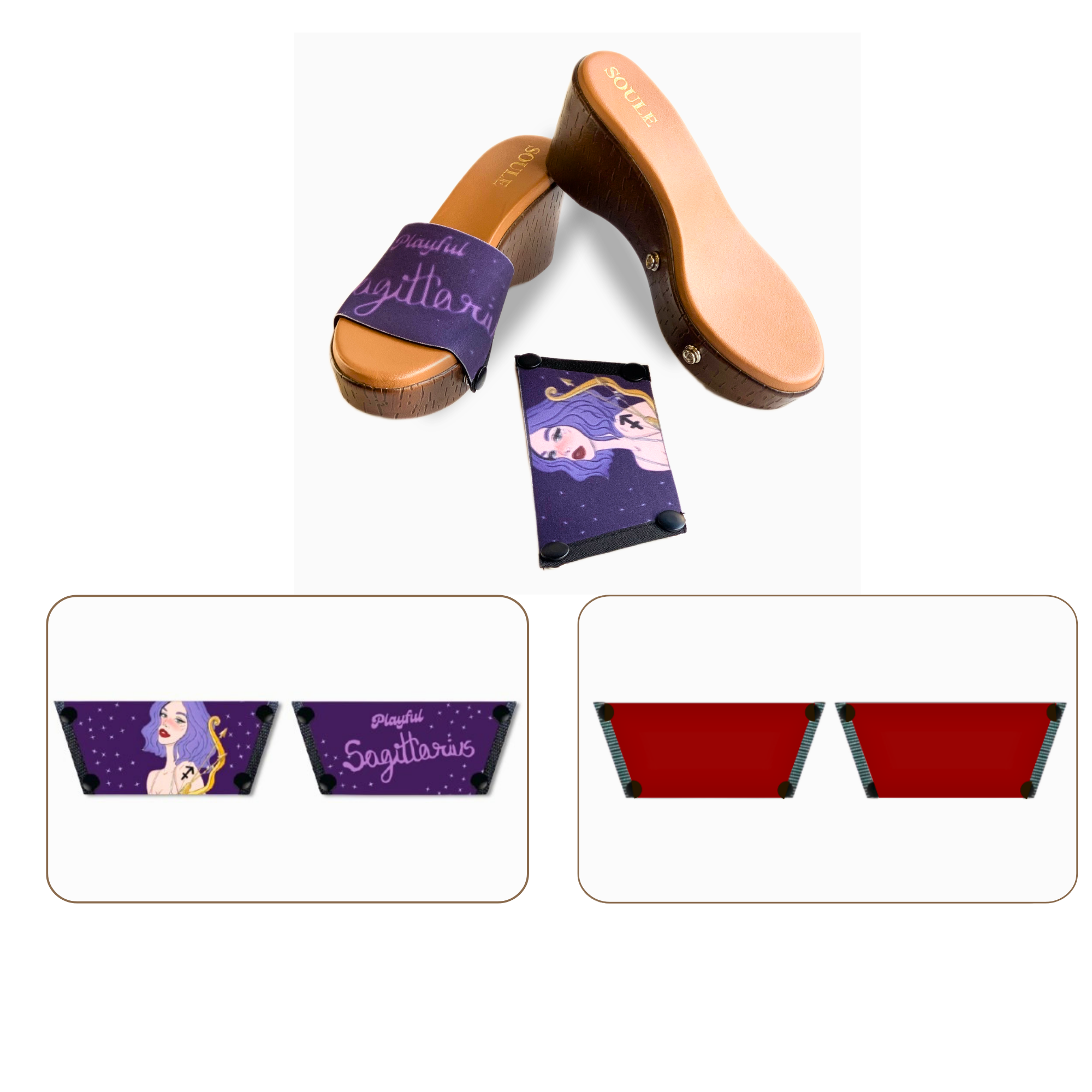 Soule  wedge sandal combo — Playful Sagittarius and Maroon straps with Brown Brush sole