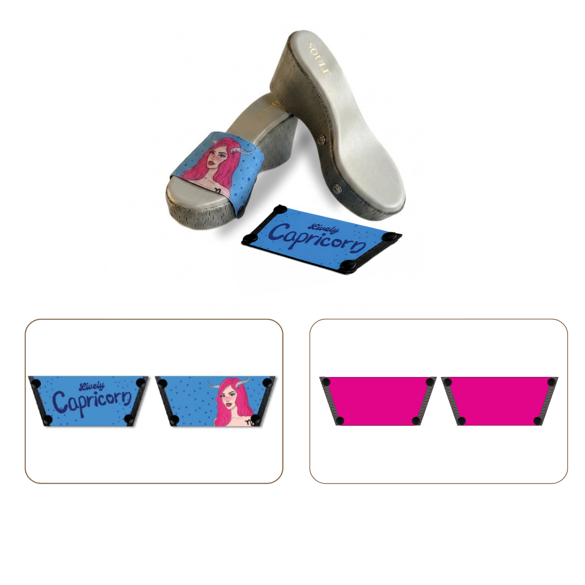 Soule wedge sandal combo — Lively Capricorn and Shocking Pink straps with Grey Brush sole