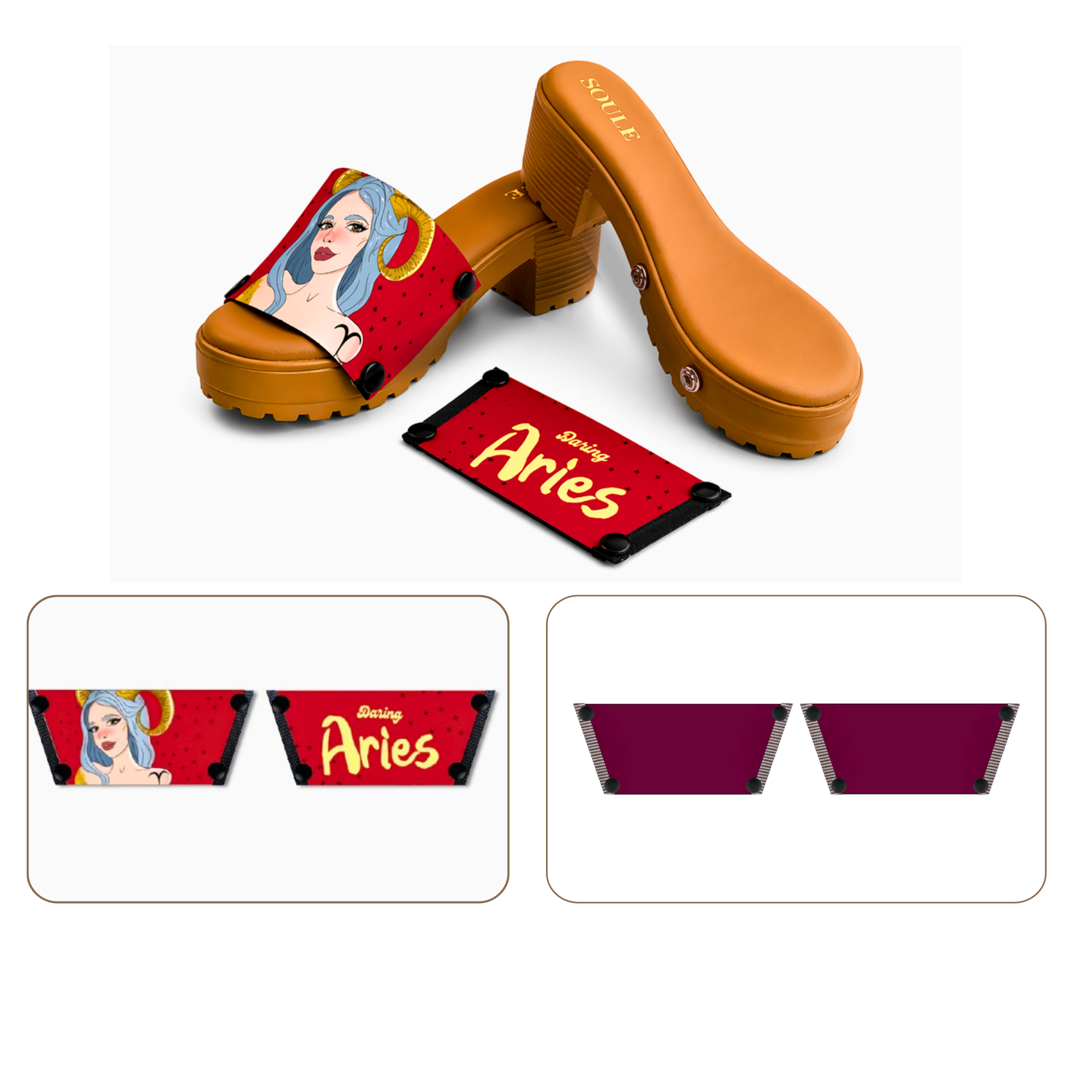 Soule wedge sandal combo — Daring Aries and Mocha Essence straps with Beige Bliss sole