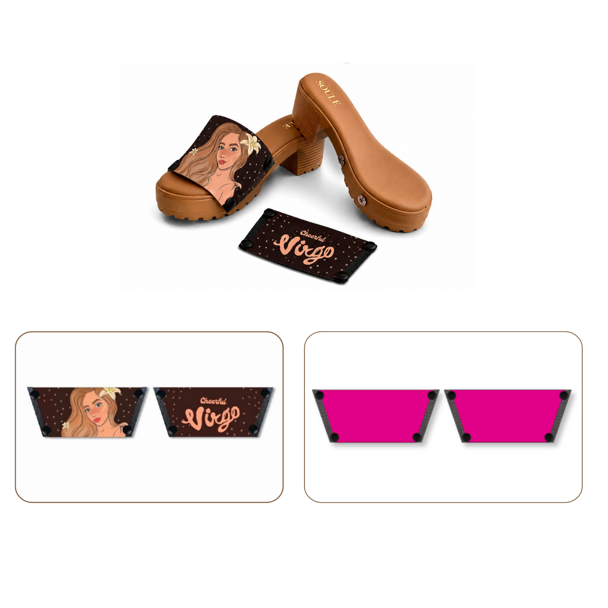 Soule wedge sandal combo — Cheerful Virgo and Shocking Pink straps with Beige Bliss sole