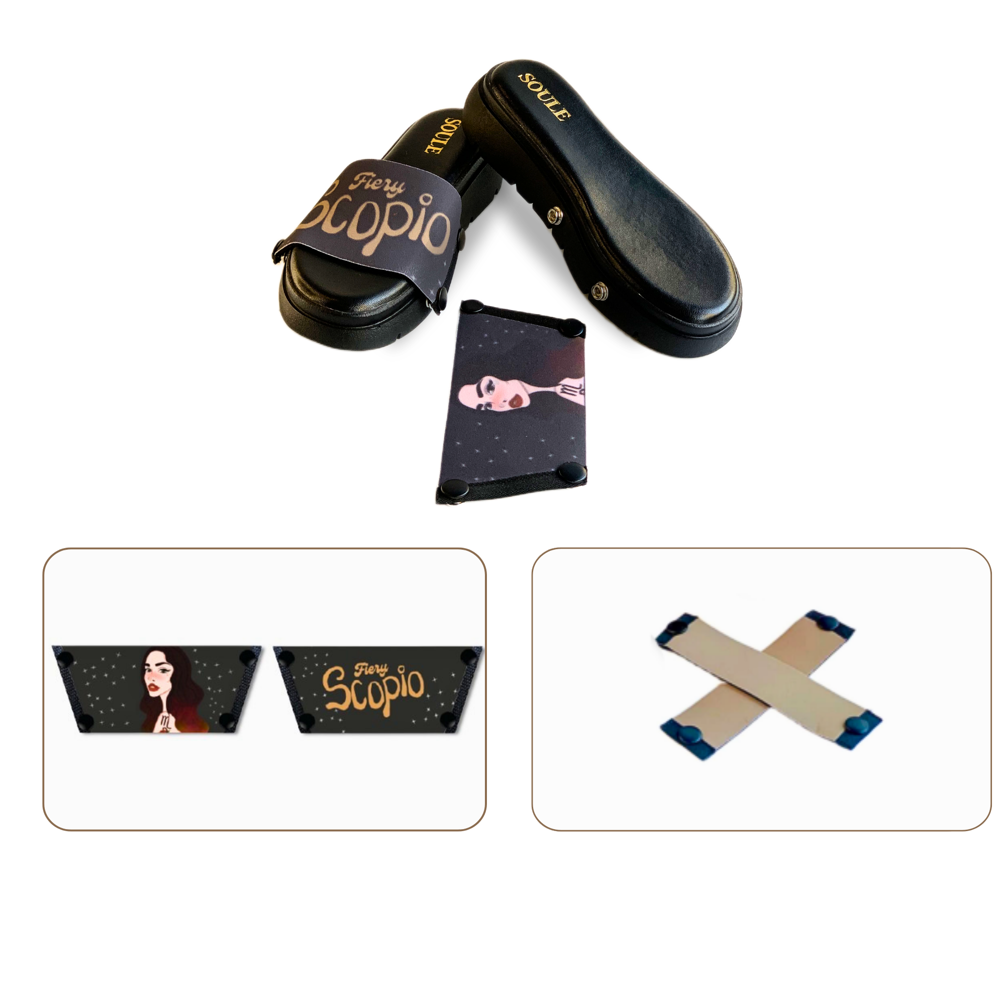 Soule  wedge sandal combo — Fiery Scorpio and Beige Criss Cross straps with Twinkle Toes Black sole