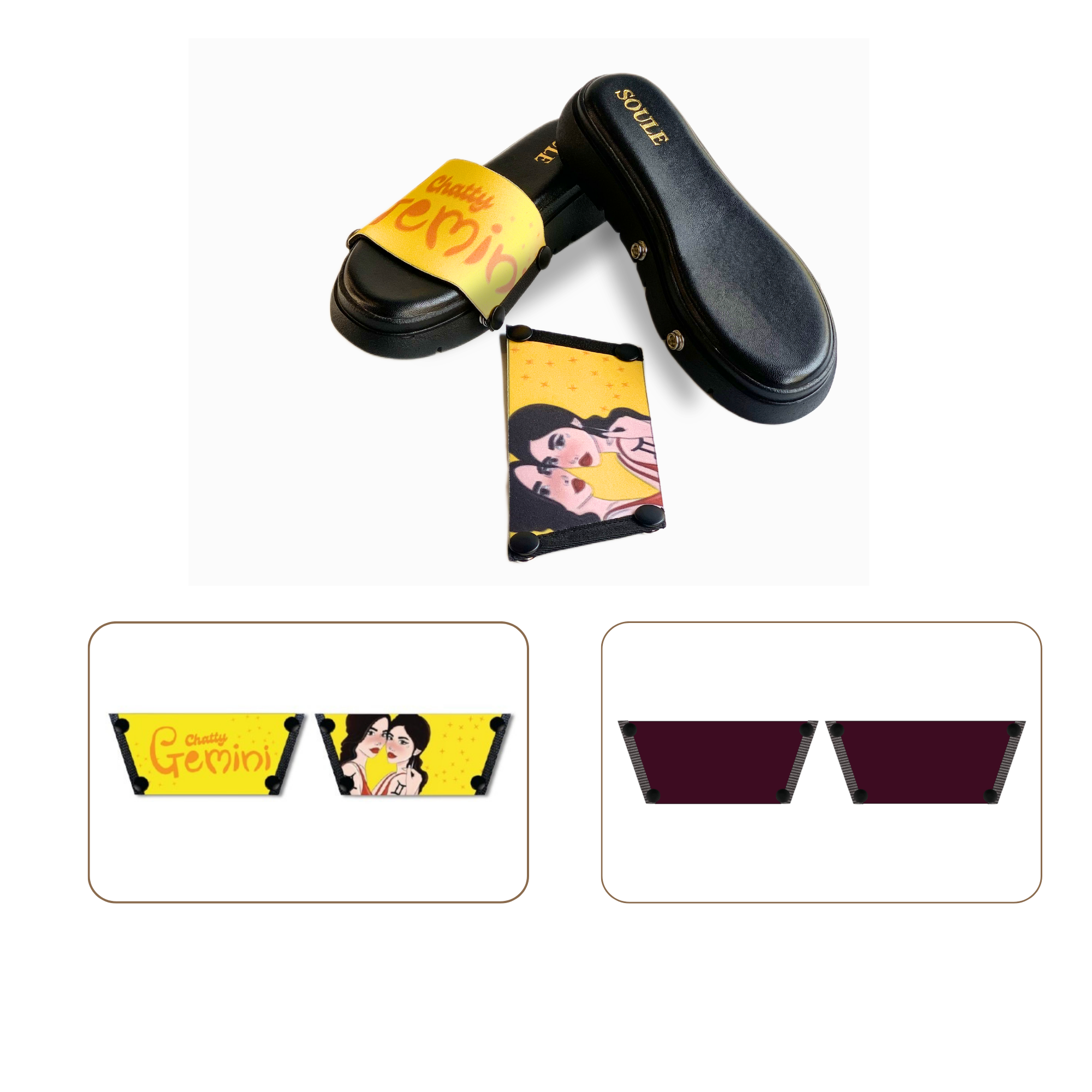 Soule wedge sandal combo — Chatty Gemini and Mocha straps with Twinkle Toes Black sole