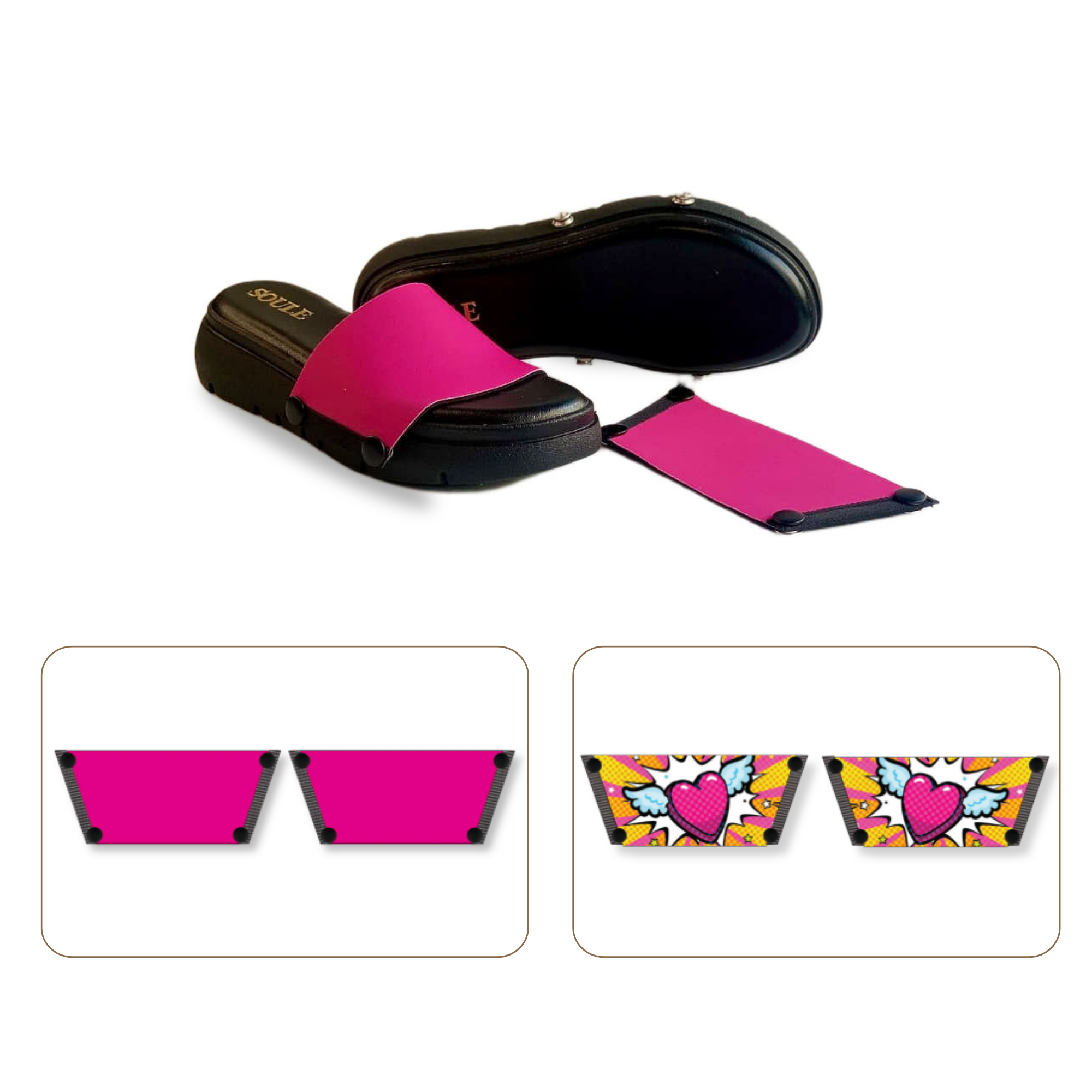 Soule wedge sandal combo — Heart Wings and Shocking Pink straps with Twinkle Toes Black sole