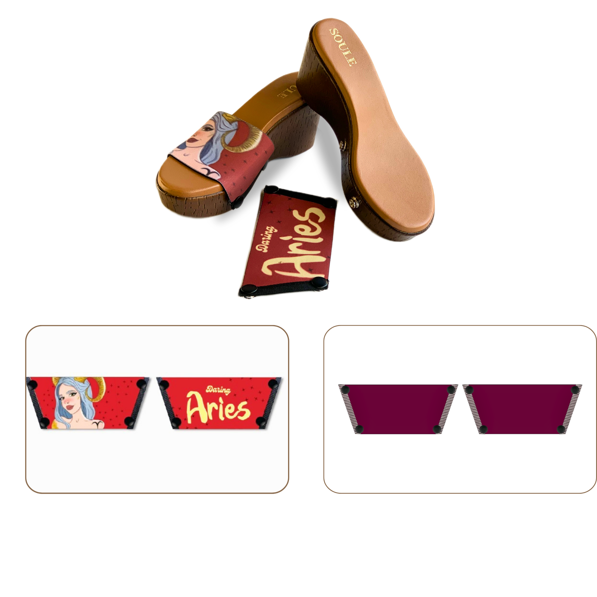 Soule wedge sandal combo — Daring Aries and Mocha Essence straps with Brown Brush sole
