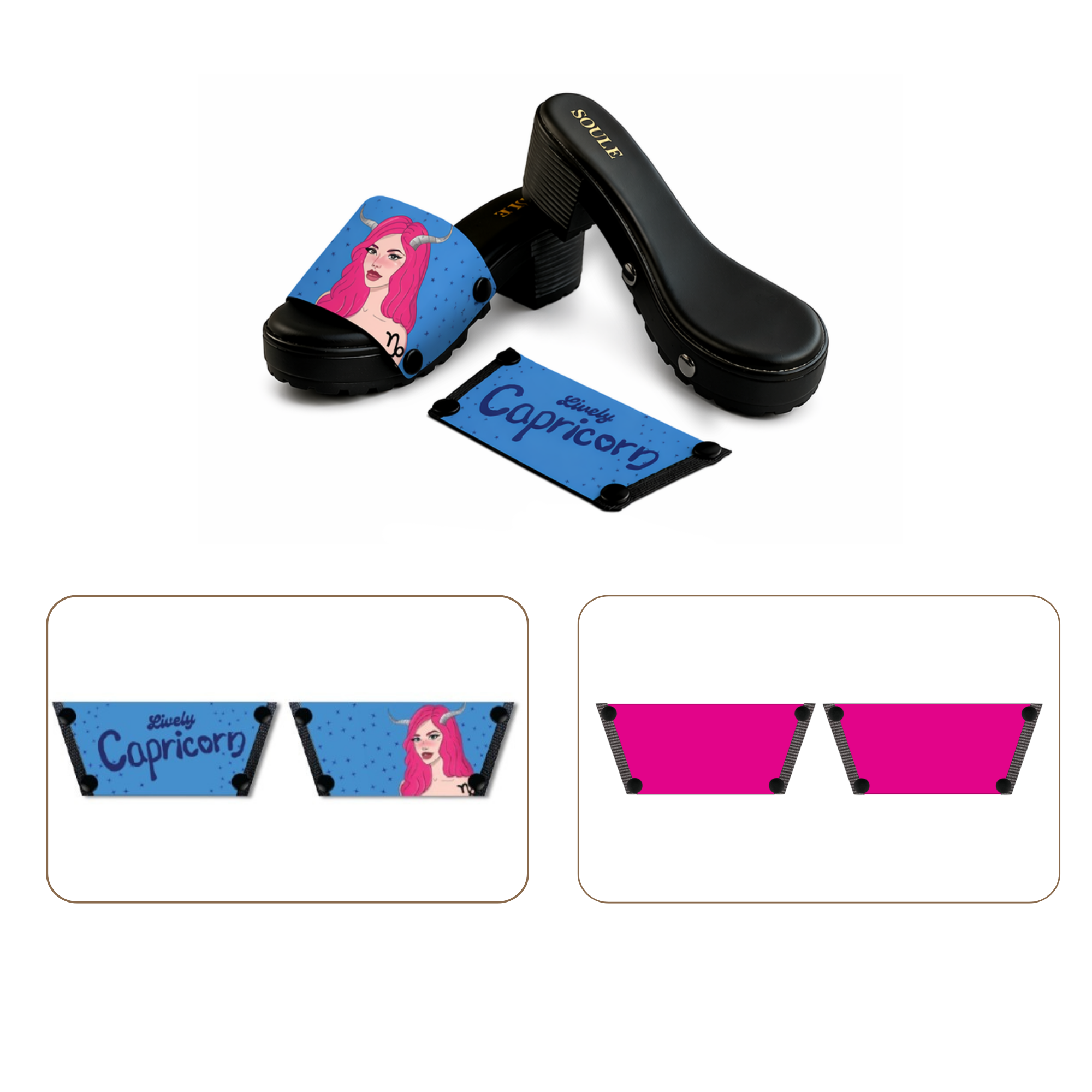 Soule wedge sandal combo — Lively Capricorn and Shocking Pink straps with Black Bliss sole