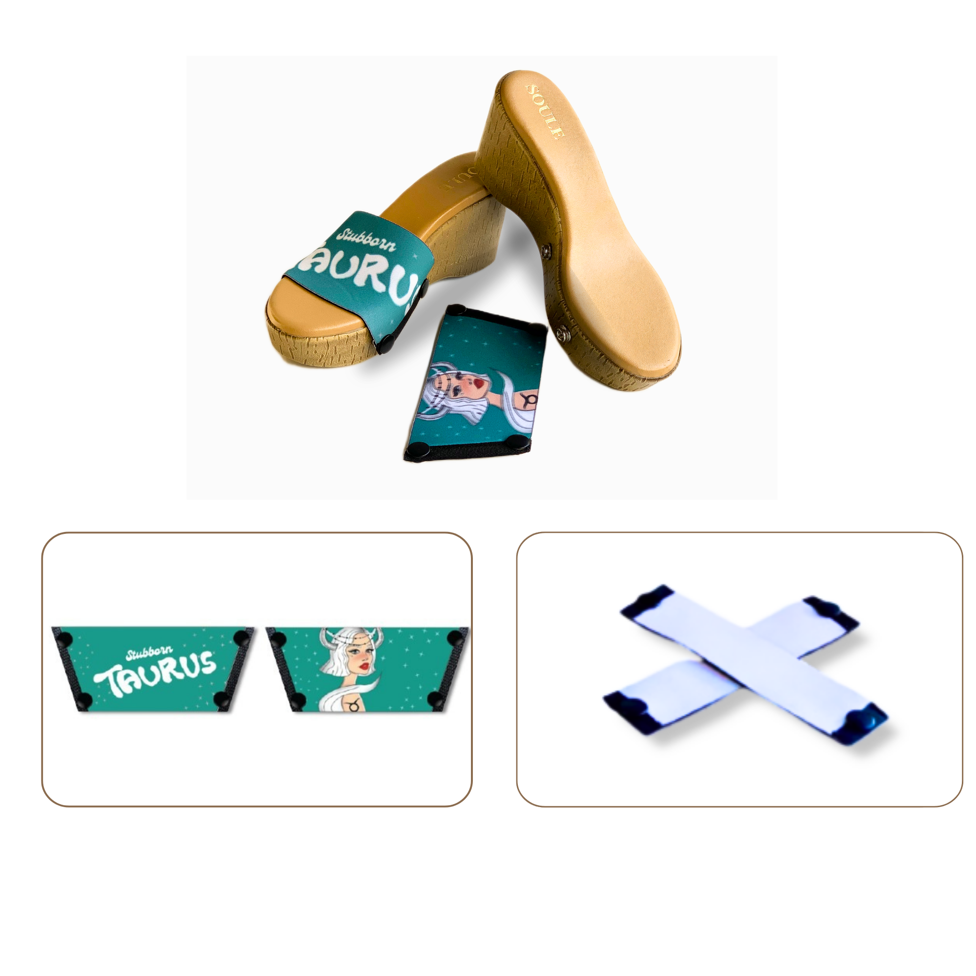 Soule wedge sandal combo — Stubborn Taurus and White Criss Cross straps with Beige Brush sole