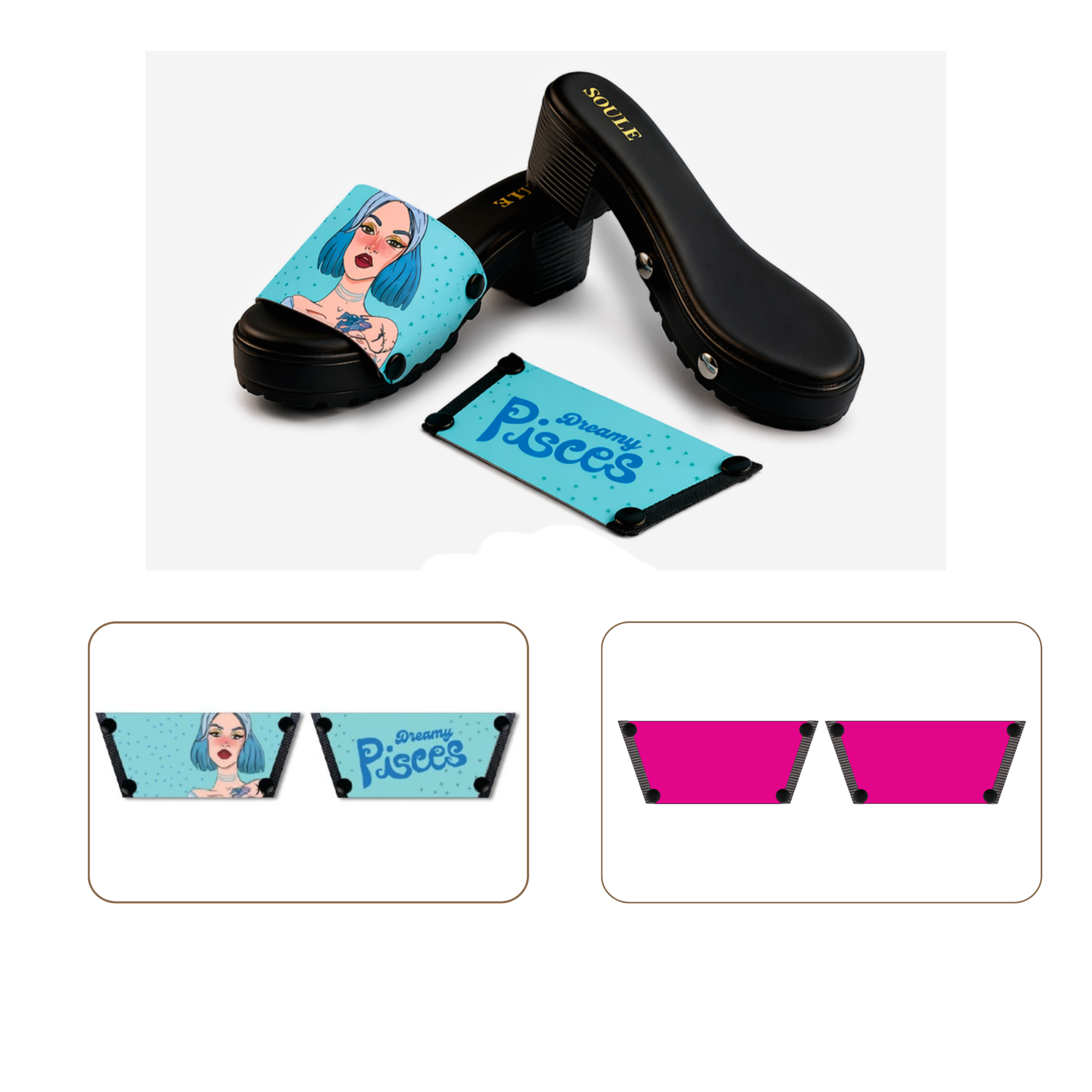 Soule wedge sandal combo — Dreamy Pisces and Shocking Pink straps with Black Bliss sole
