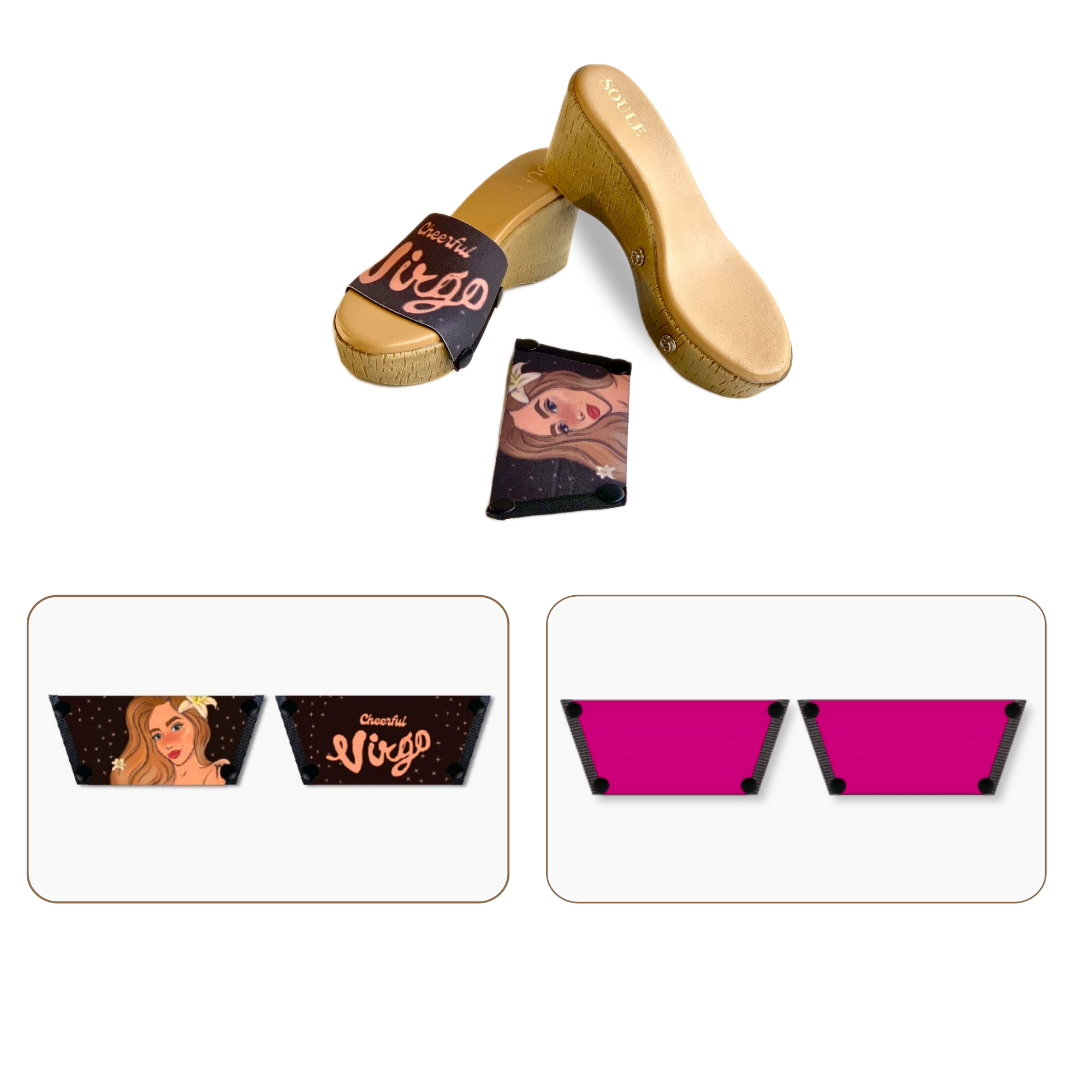 Soule wedge sandal combo — Cheerful Virgo and Shocking Pink straps with Beige Brush sole