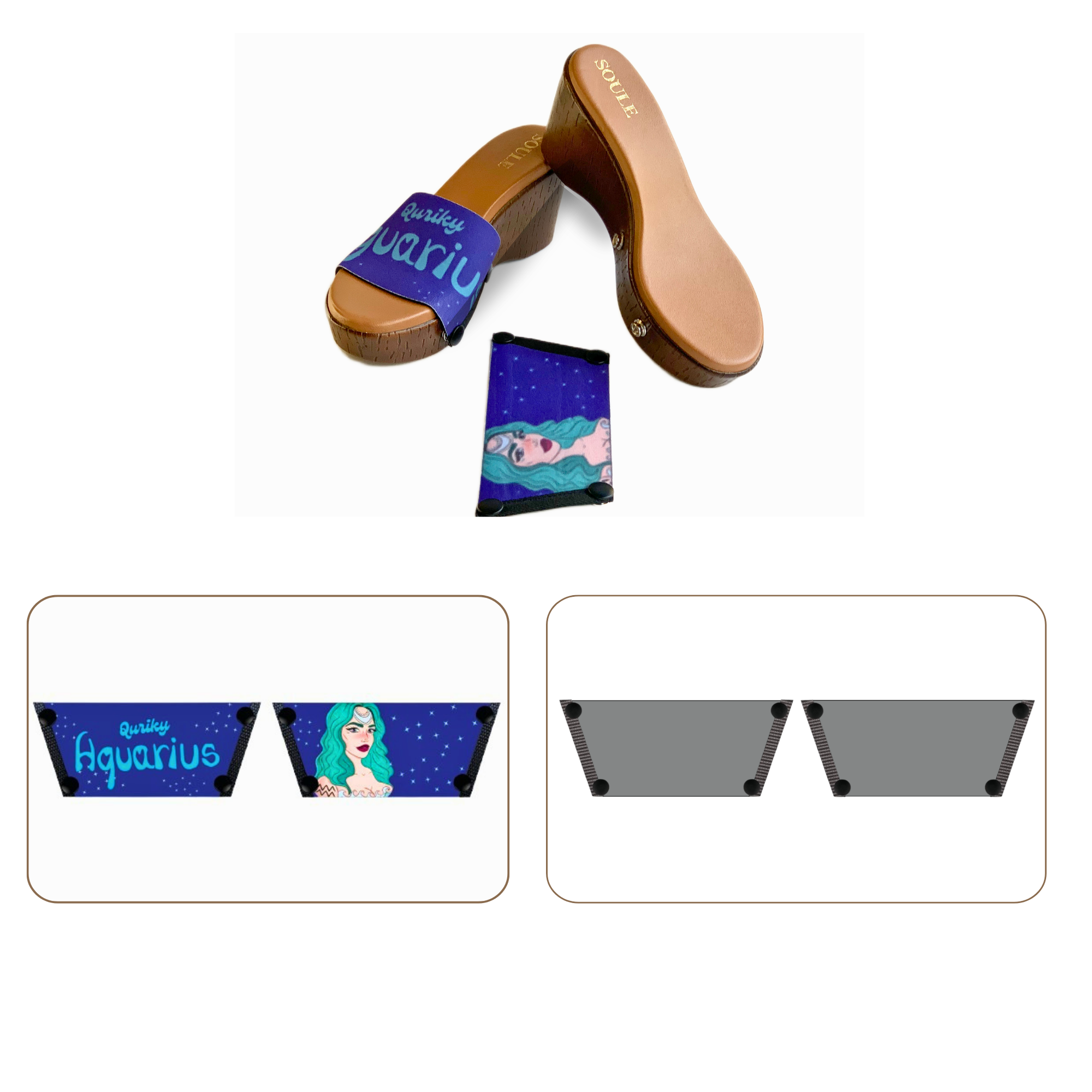 Soule wedge sandal combo — Quirky Aquarius and Slate Serenity straps with Brown Brush sole