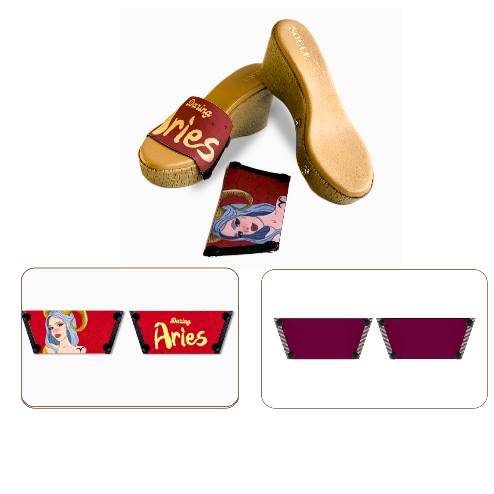 Soule  wedge sandal combo — Daring Aries and Mocha Essence straps with Beige Brush sole