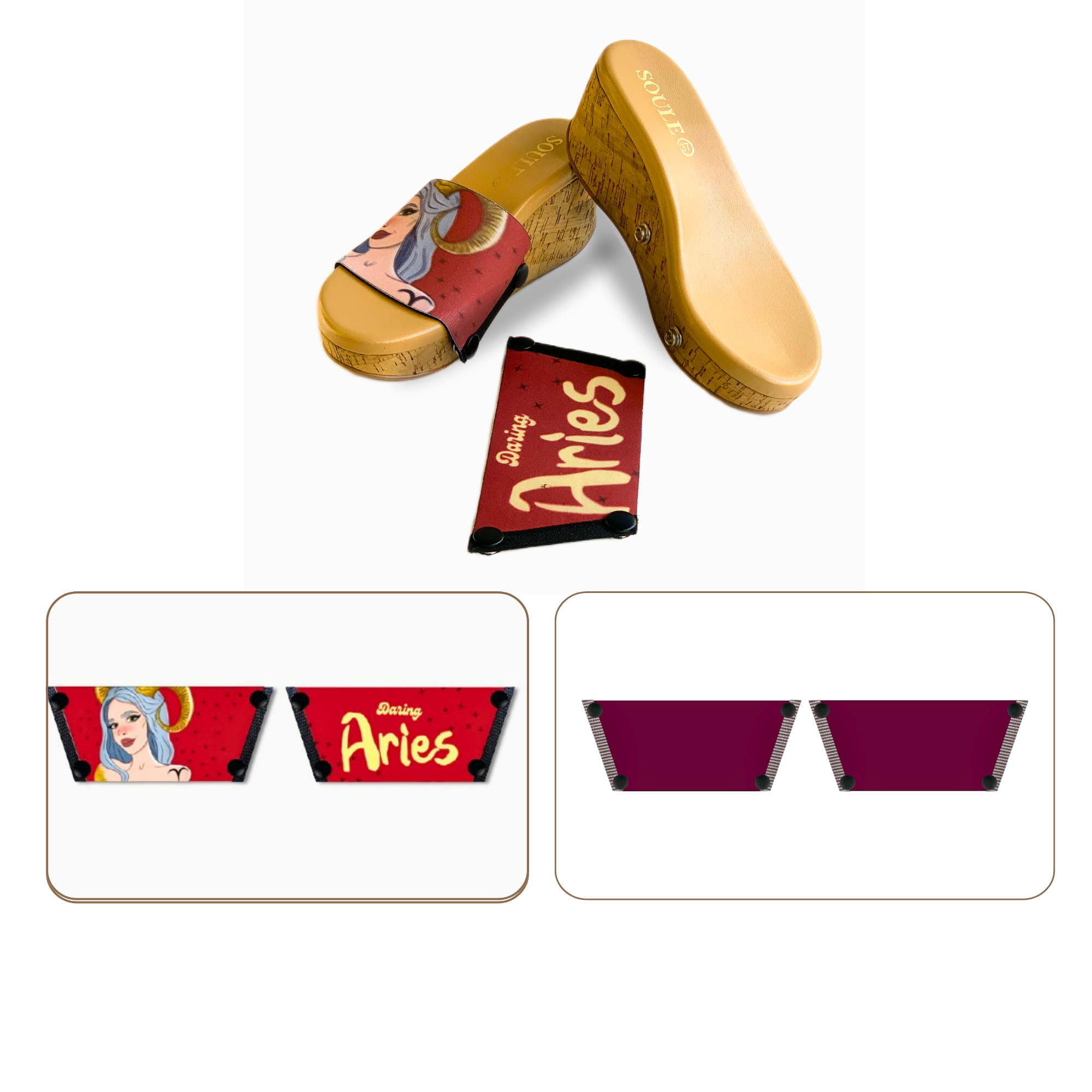 Soule  wedge sandal combo — Daring Aries and Mocha Essence straps with Sand Dune sole