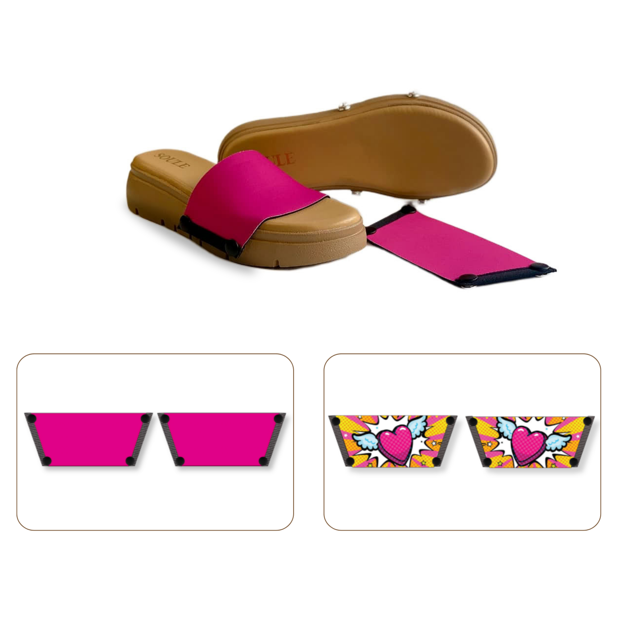 Soule wedge sandal combo — Heart Wings and Shocking Pink straps with Twinkle Toes Beige sole