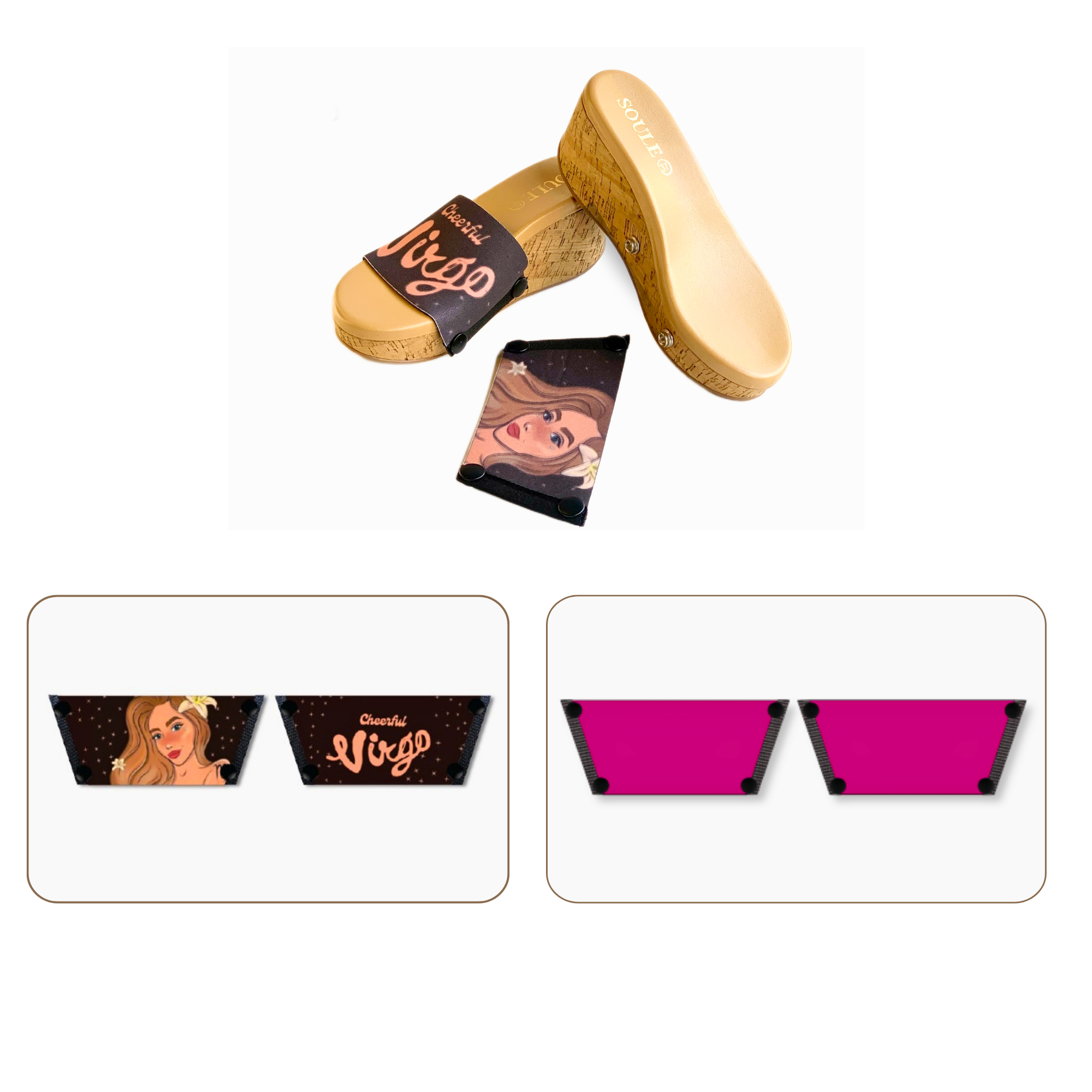 Soule wedge sandal combo — Cheerful Virgo and Shocking Pink straps with Sand Dune sole