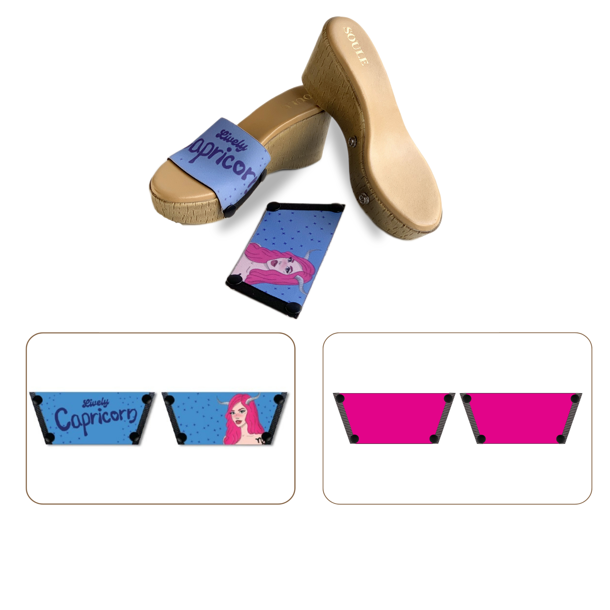 Soule wedge sandal combo — Lively Capricorn and Shocking Pink straps with Beige Brush sole