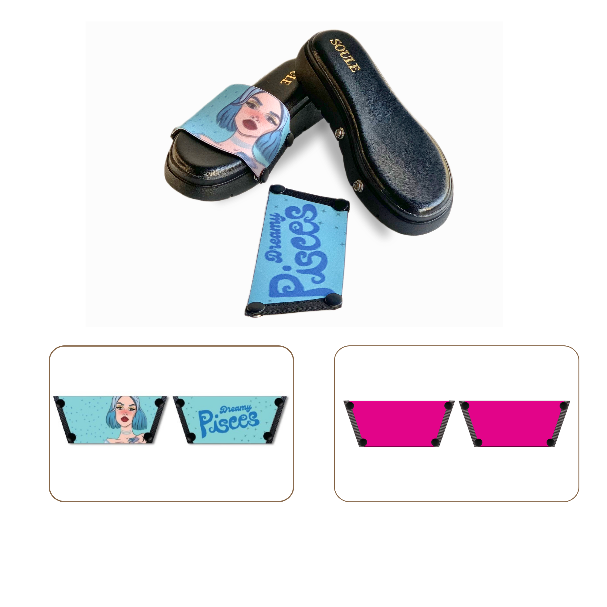 Soule wedge sandal combo — Dreamy Pisces and Shocking Pink straps with Twinkle Toes Black sole