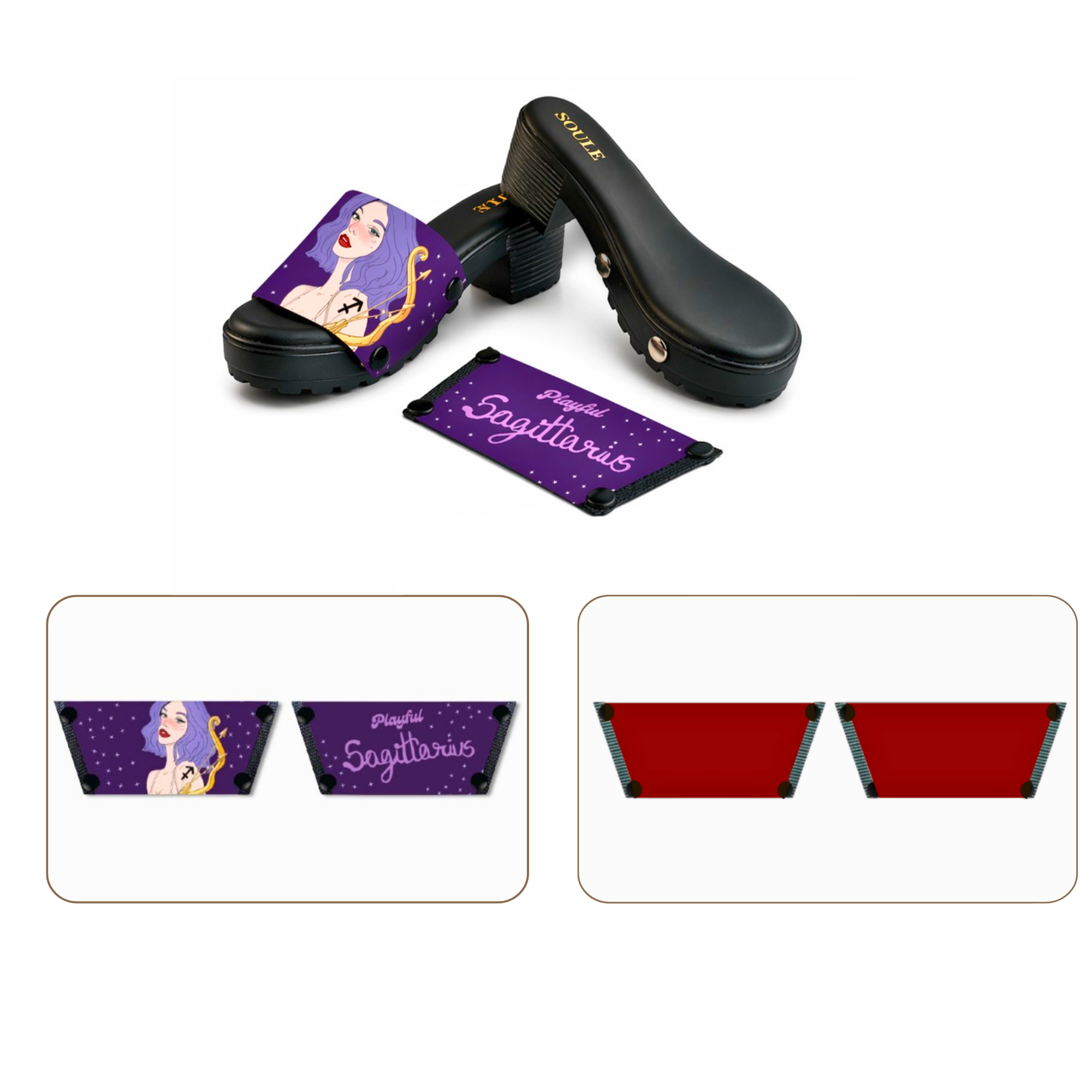 Soule  wedge sandal combo — Playful Sagittarius and Maroon straps with Black Bliss sole