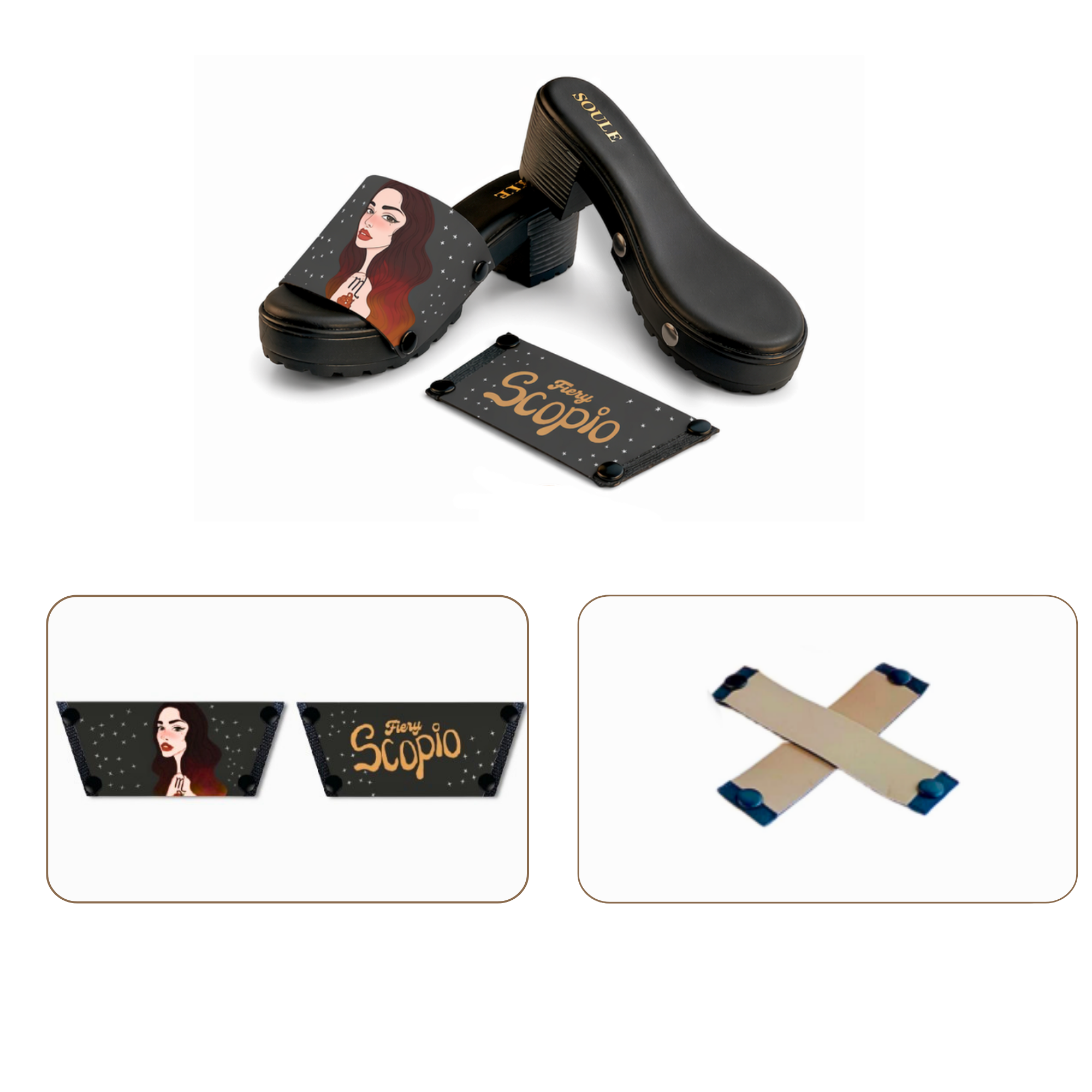 Soule wedge sandal combo — Fiery Scorpio and Beige Criss Cross straps with Black Bliss sole