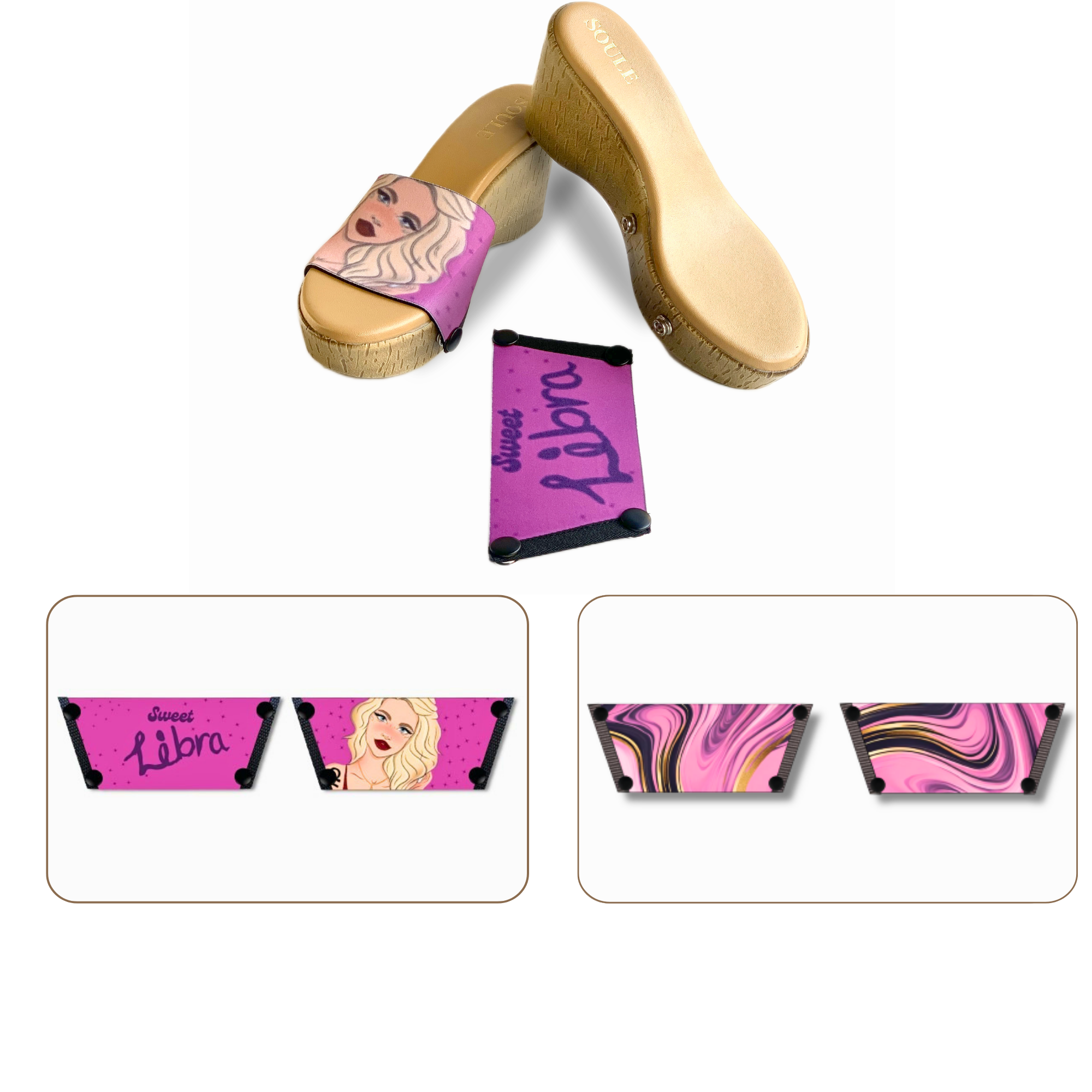 Soule  wedge sandal combo — Sweet Libra and Pink Swirl Symphony straps with Beige Brush sole