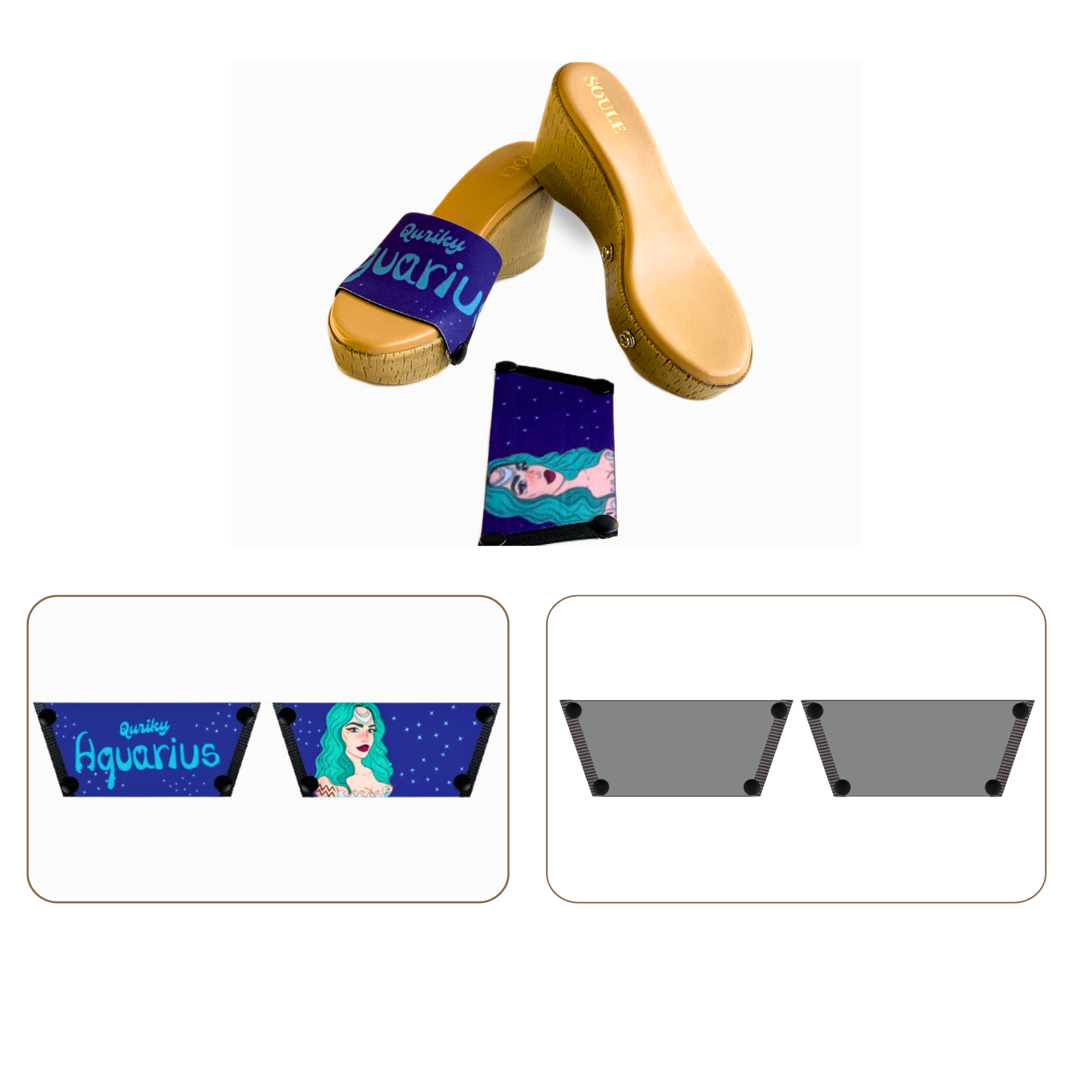 Soule wedge sandal combo — Quirky Aquarius and Slate Serenity straps with Beige Brush sole