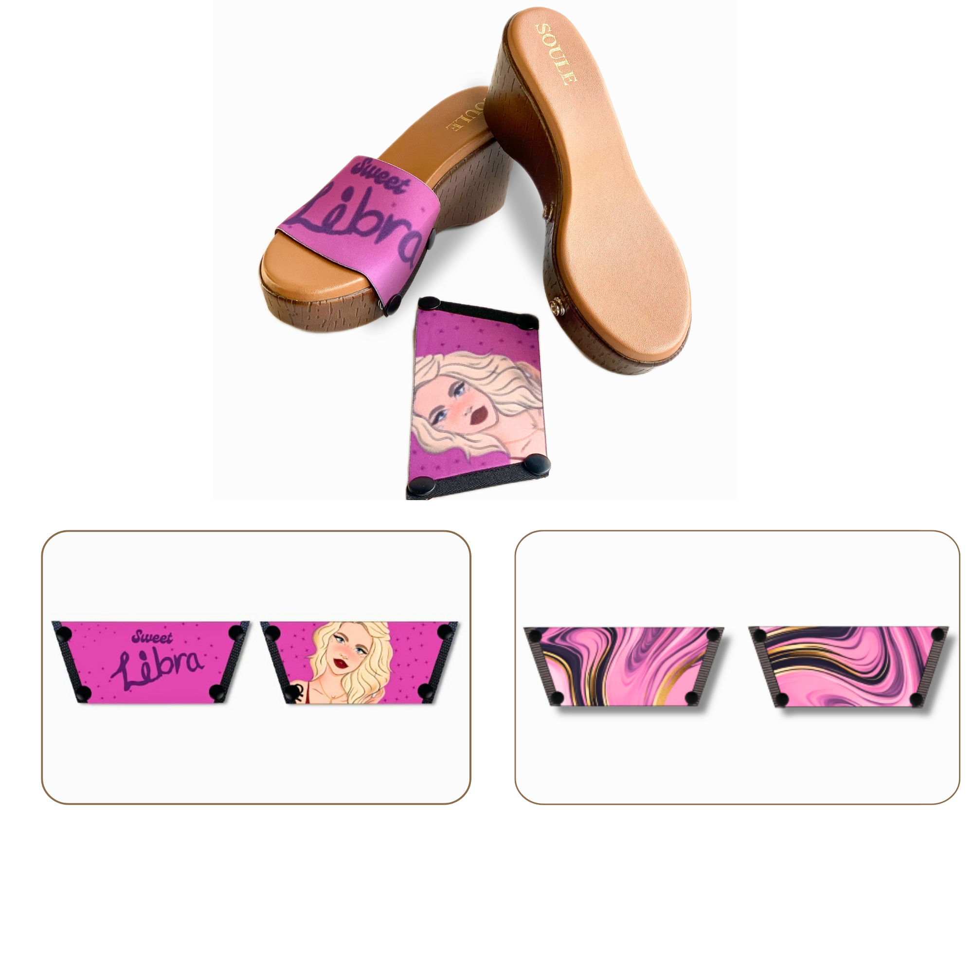 Soule wedge sandal combo — Sweet Libra and Pink Swirl Symphony straps with Brown Brush sole