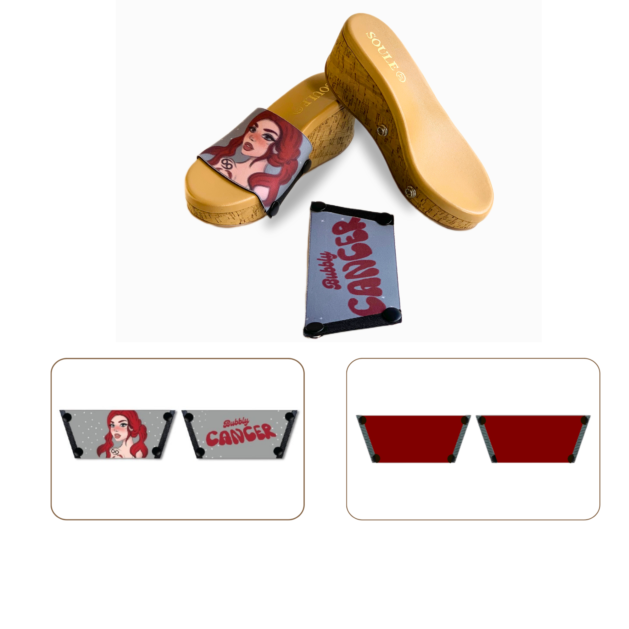Soule wedge sandal combo — Bubbly Cancer and Maroon straps with Sand Dune sole