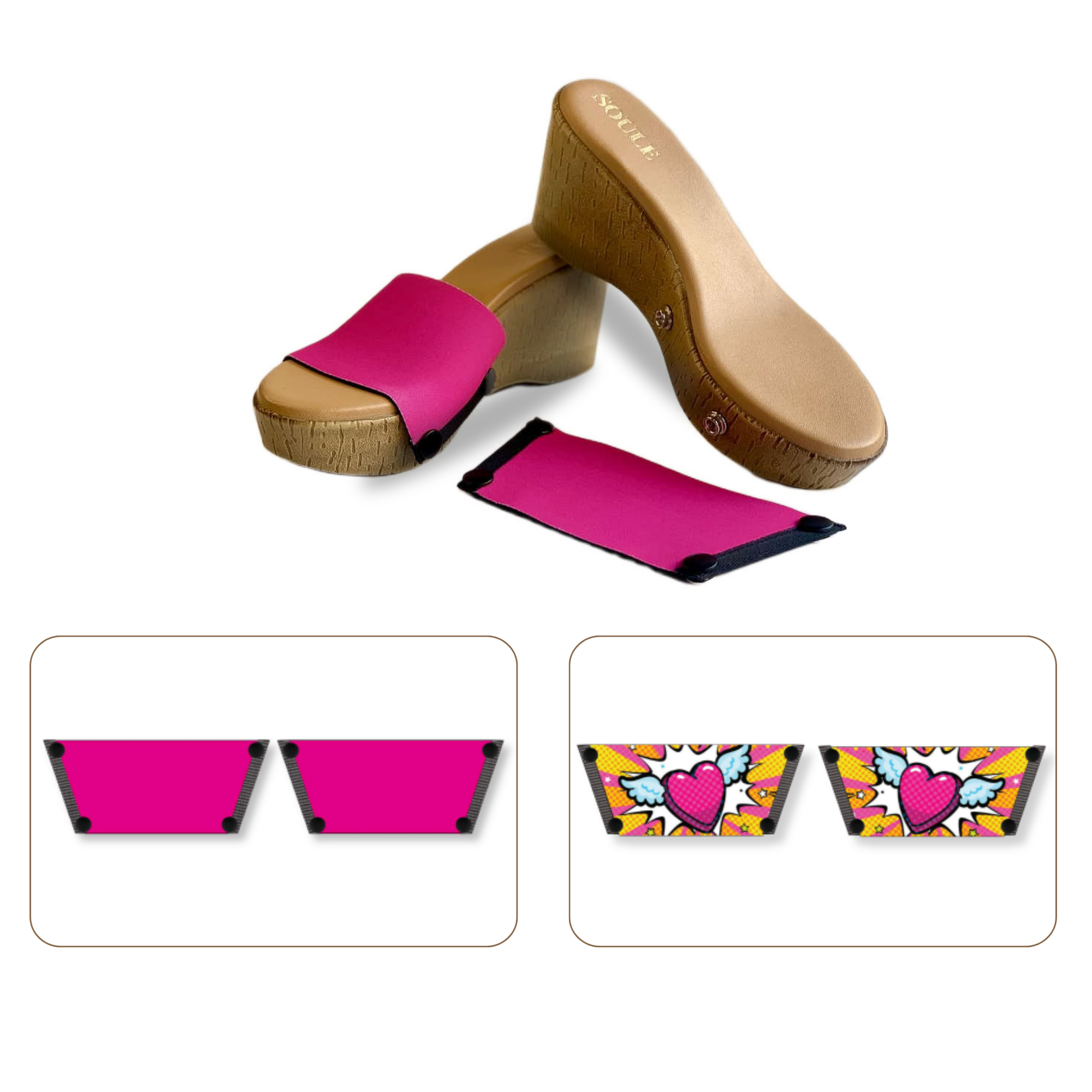 Soule wedge sandal combo — Heart Wings and Shocking Pink straps with Beige Brush sole