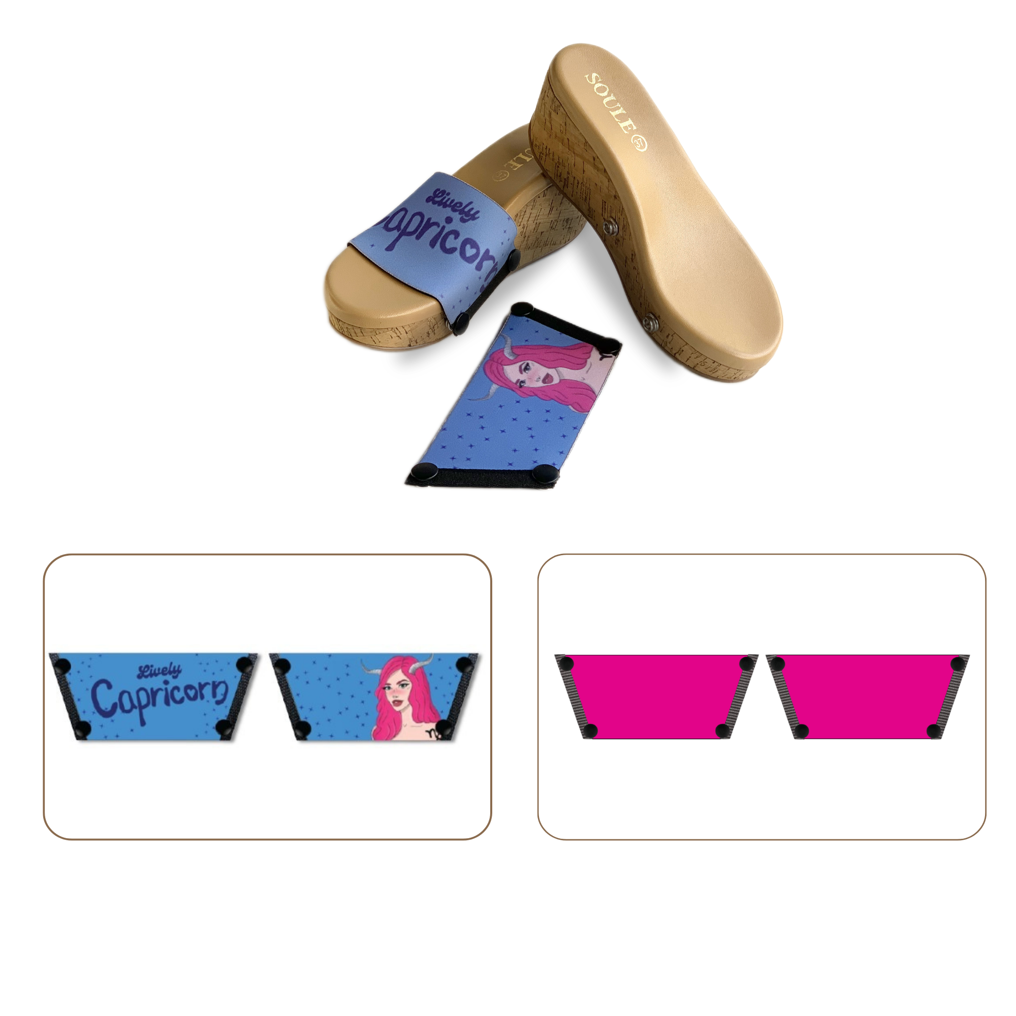 Soule wedge sandal combo — Lively Capricorn and Shocking Pink straps with Sand Dune sole