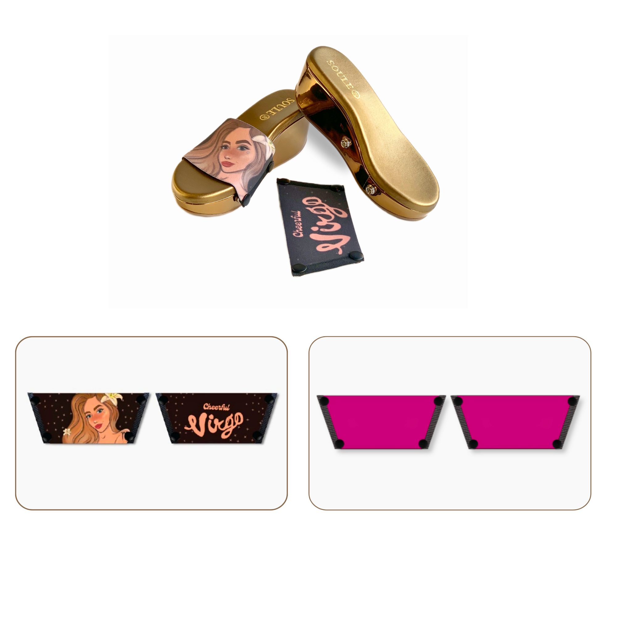 Soule wedge sandal combo — Cheerful Virgo and Shocking Pink straps with Metallic Muse sole