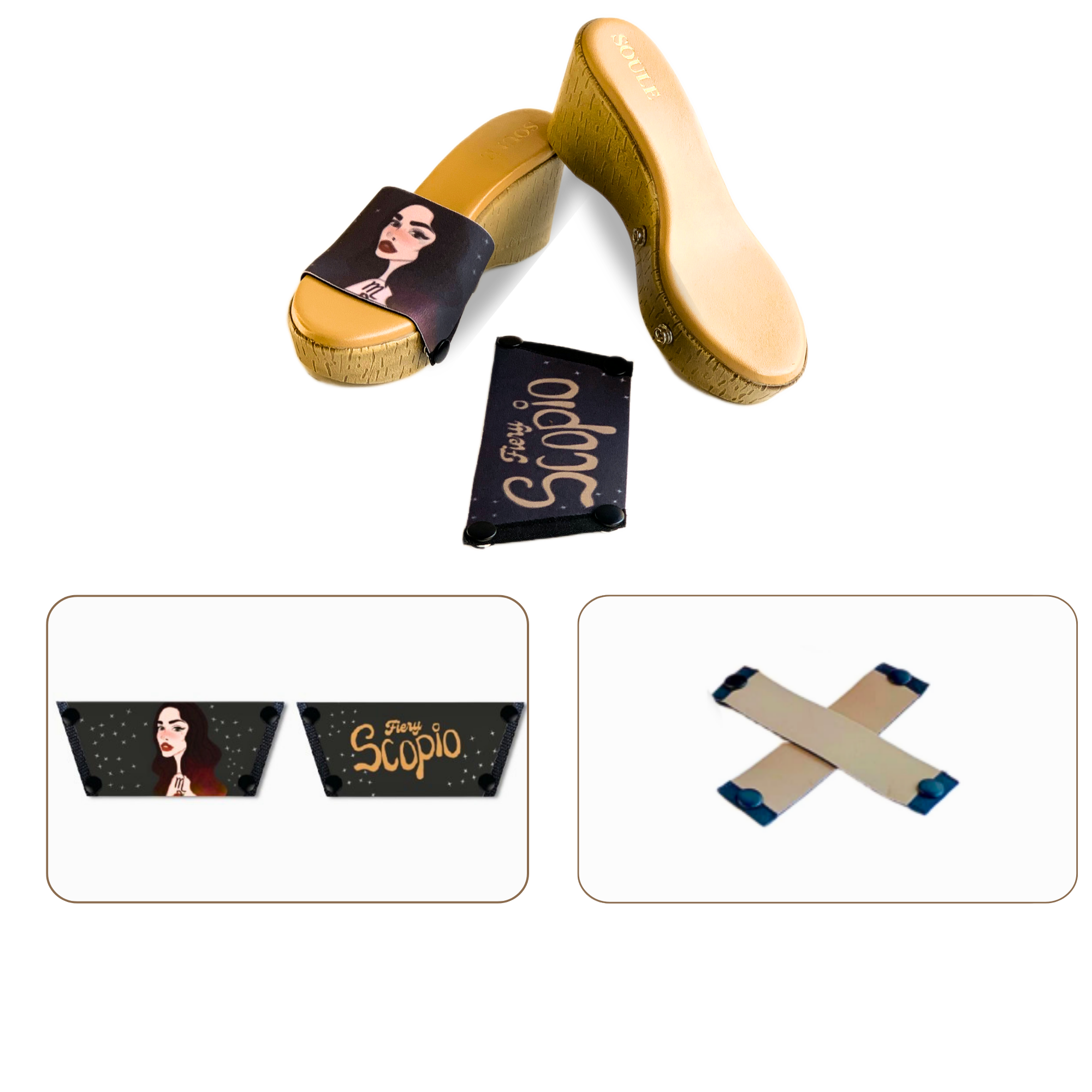 Soule wedge sandal combo — Fiery Scorpio and Beige Criss Cross straps with Sand Dune sole