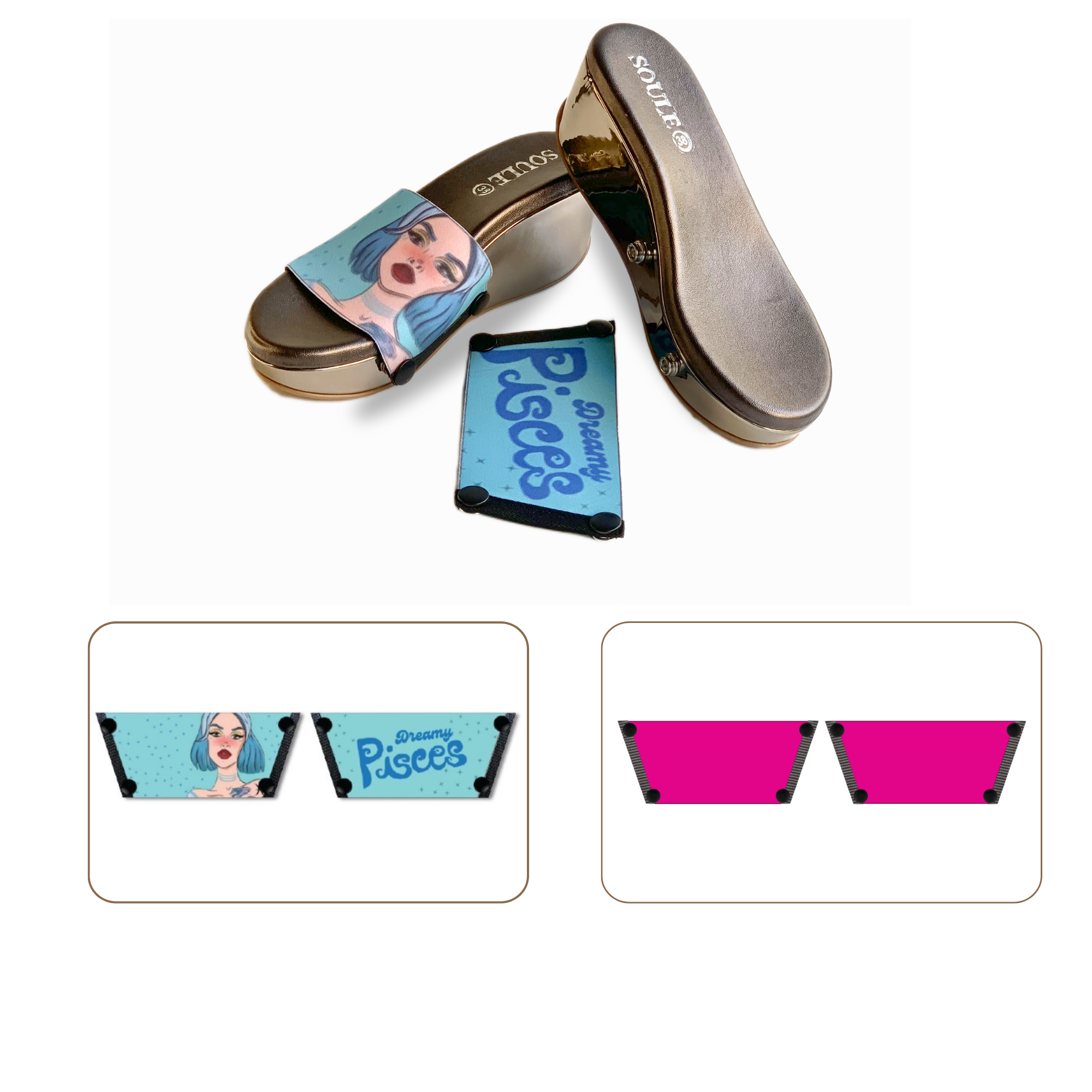 Soule wedge sandal combo — Dreamy Pisces and Shocking Pink straps with Gun Metal sole