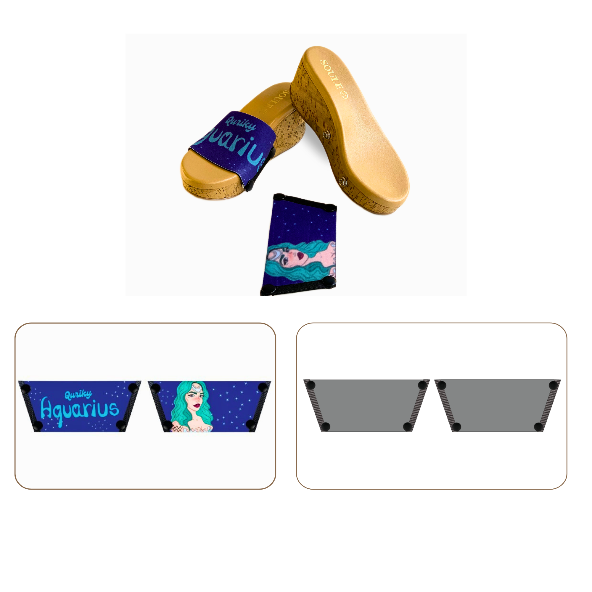 Soule wedge sandal combo — Quirky Aquarius and Slate Serenity straps with Sand Dune sole