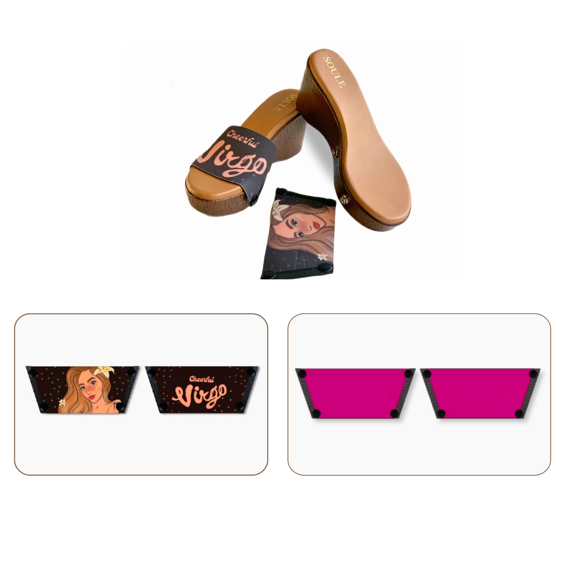 Soule wedge sandal combo — Cheerful Virgo and Shocking Pink straps with Brown Brush sole