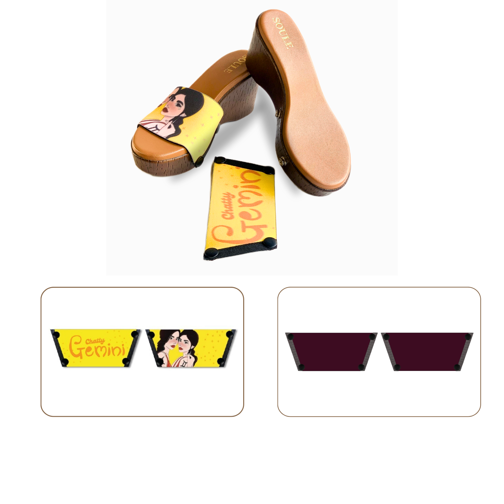 Soule wedge sandal combo — Chatty Gemini and Mocha straps with Brown Brush sole