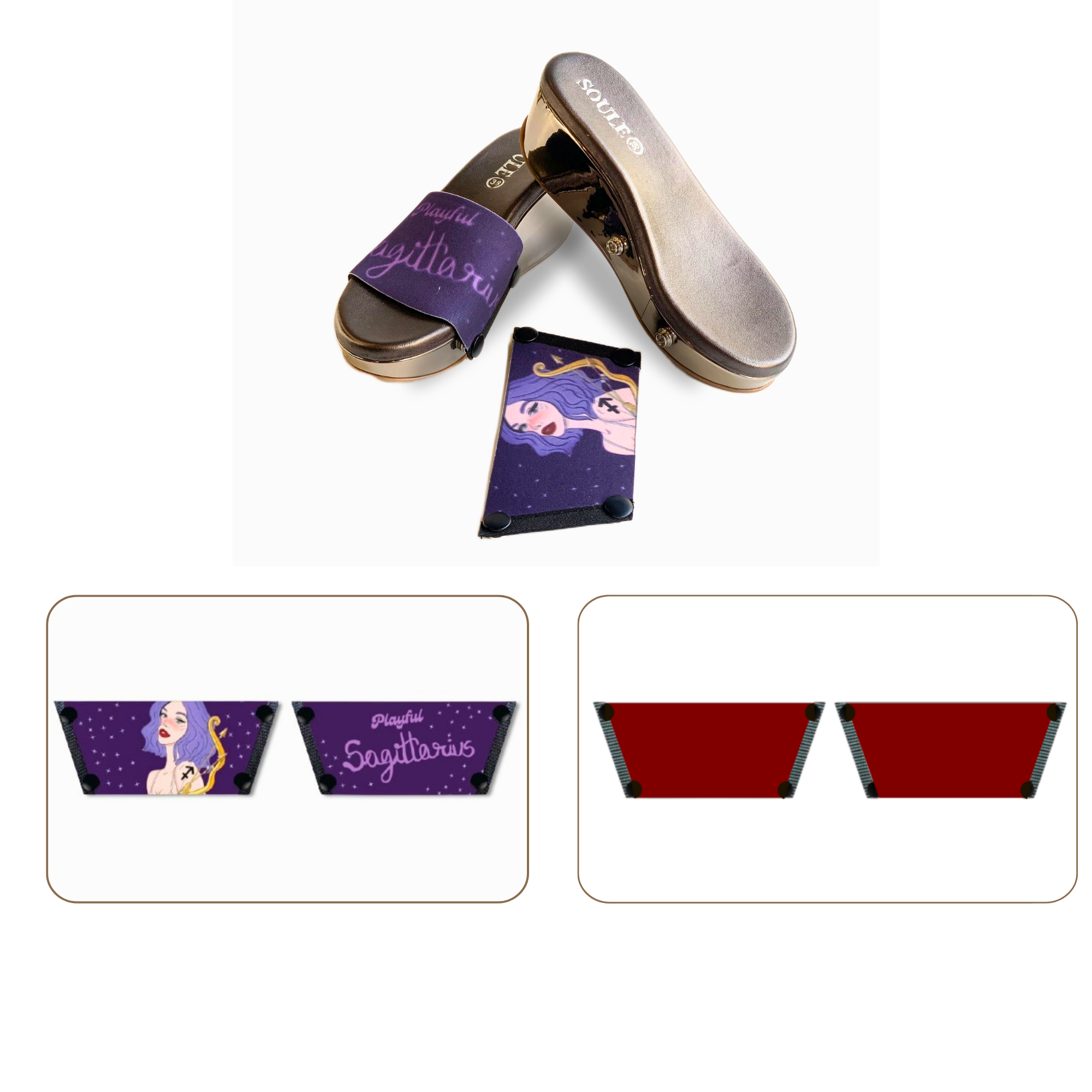Soule wedge sandal combo — Playful Sagittarius and Maroon straps with Gun Metal sole