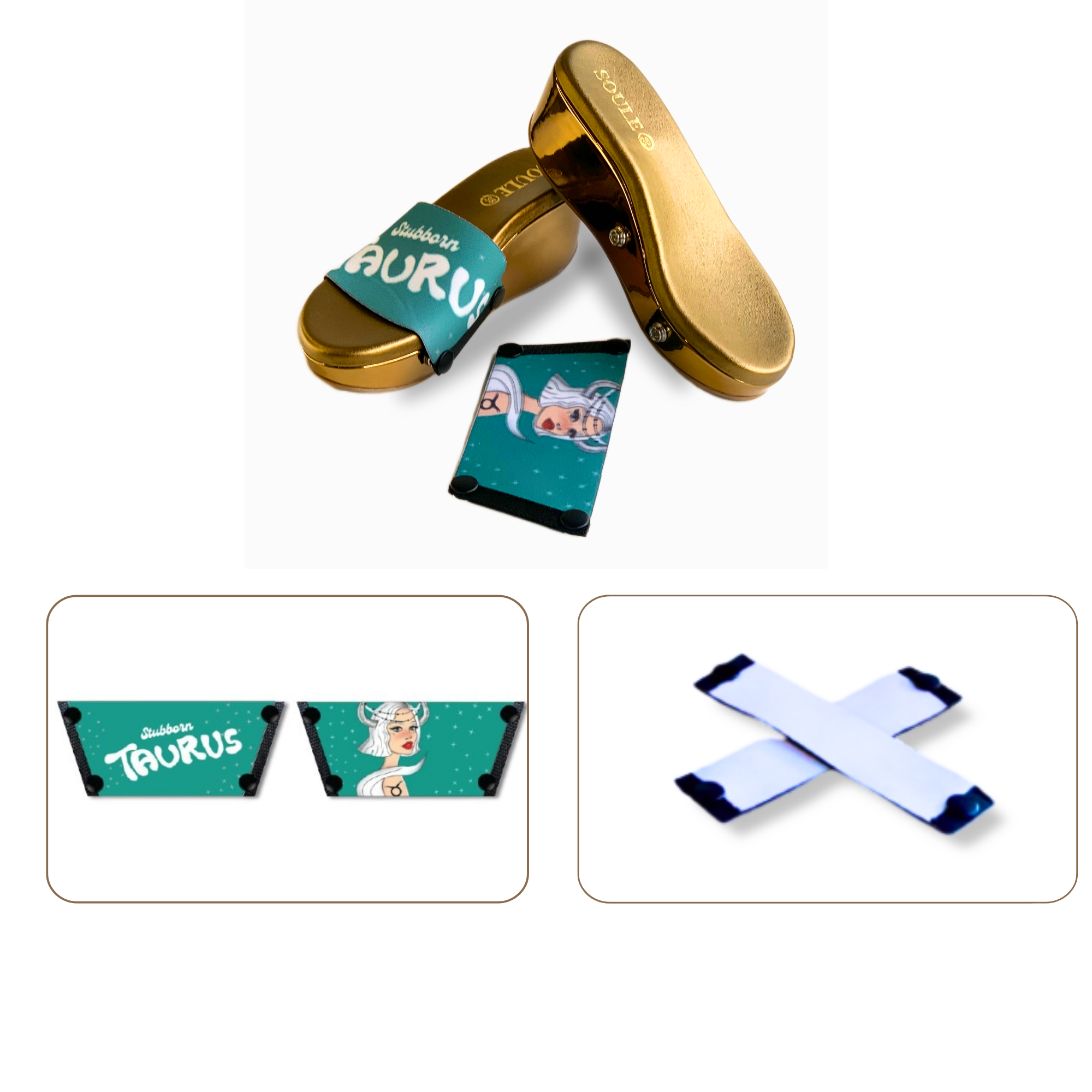 Soule wedge sandal combo — Stubborn Taurus and White Criss Cross straps with Metallic Muse sole