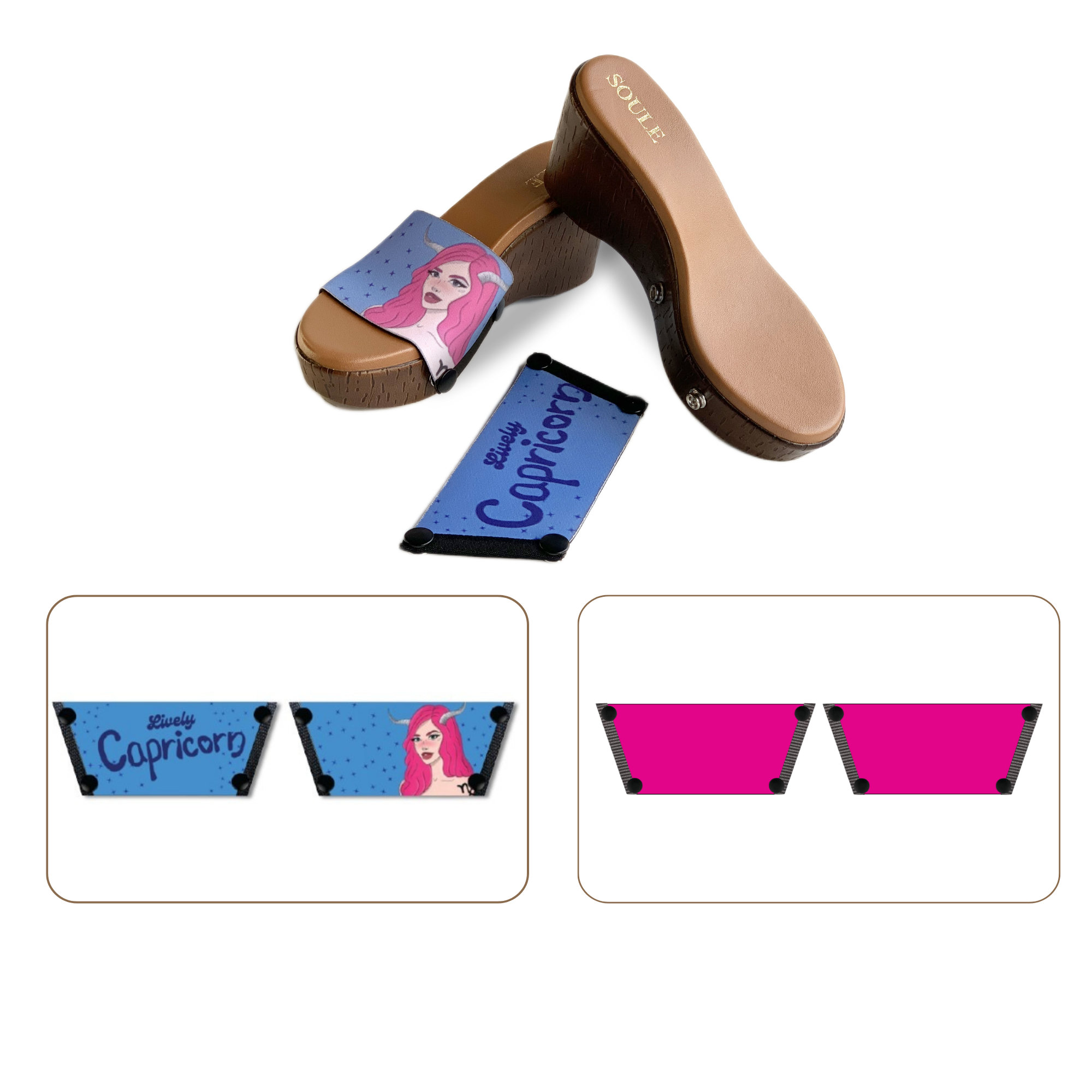 Soule wedge sandal combo — Lively Capricorn and Shocking Pink straps with Brown Brush sole