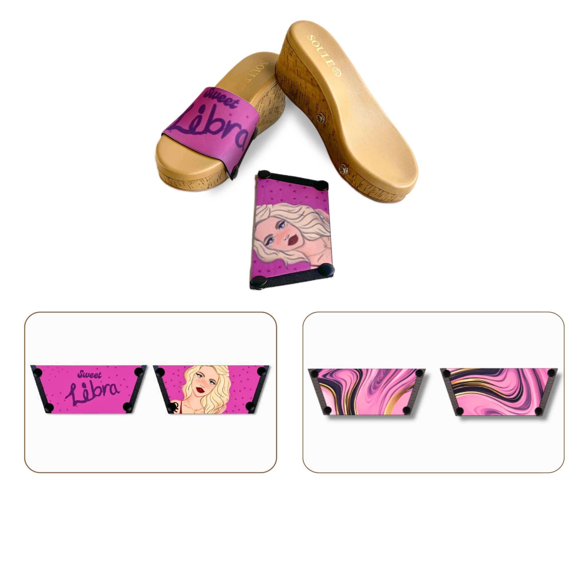 Soule wedge sandal combo — Sweet Libra and Pink Swirl Symphony straps with Sand Dune sole