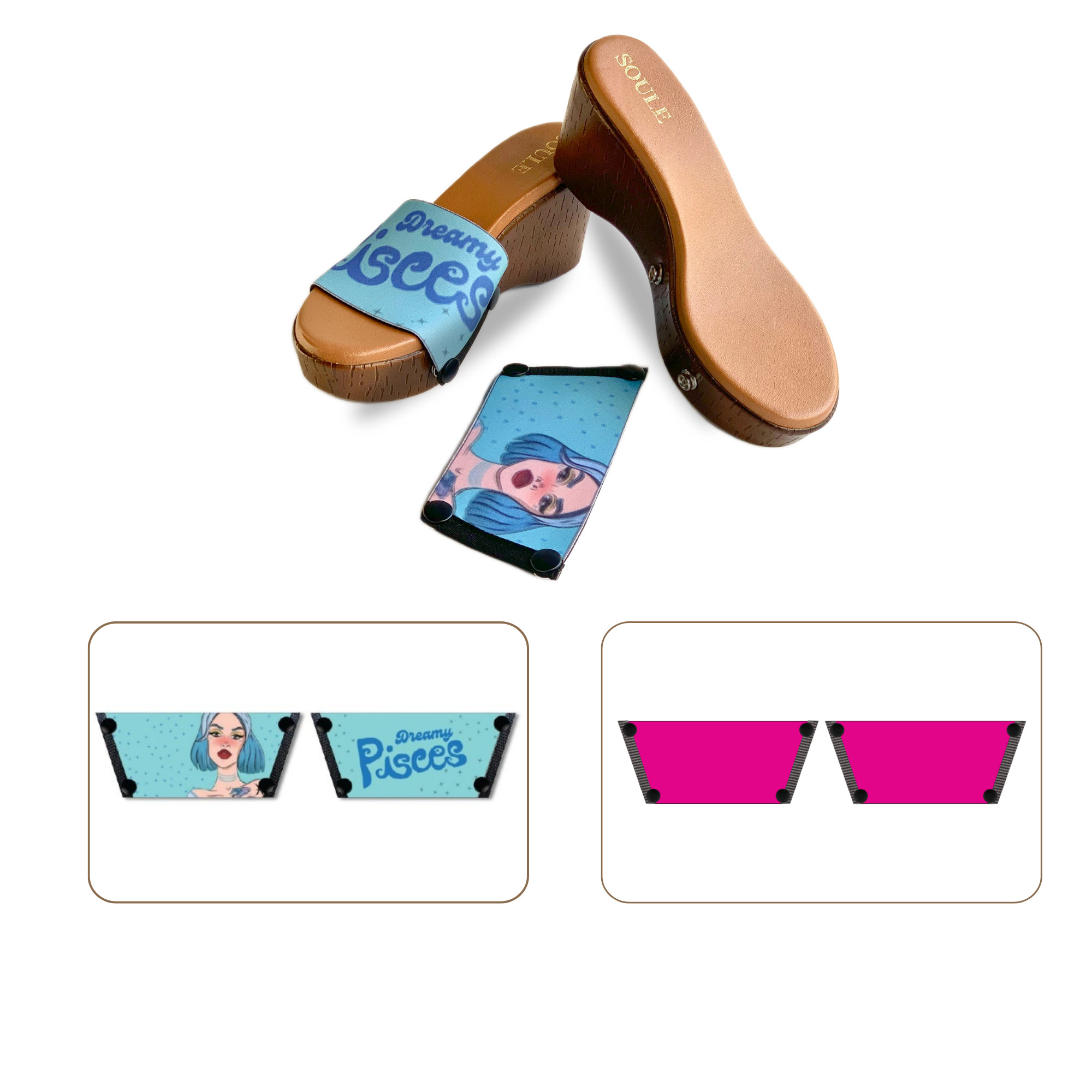 Soule wedge sandal combo — Dreamy Pisces and Shocking Pink straps with Brown Brush sole