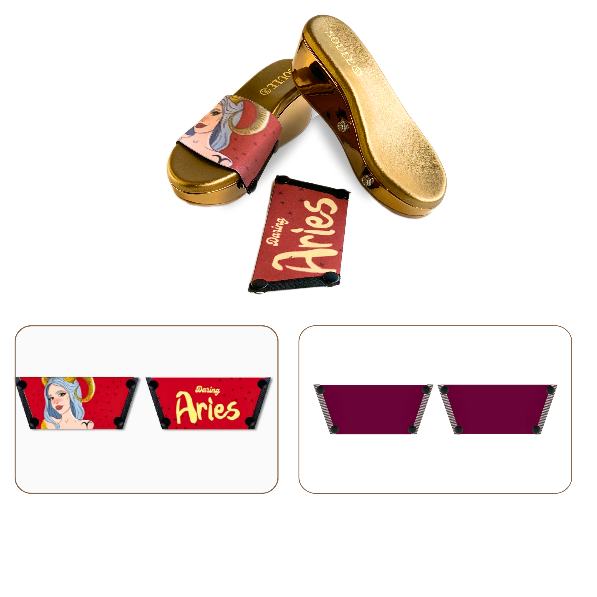 Soule wedge sandal combo — Daring Aries and Mocha Essence straps with Metallic Muse sole