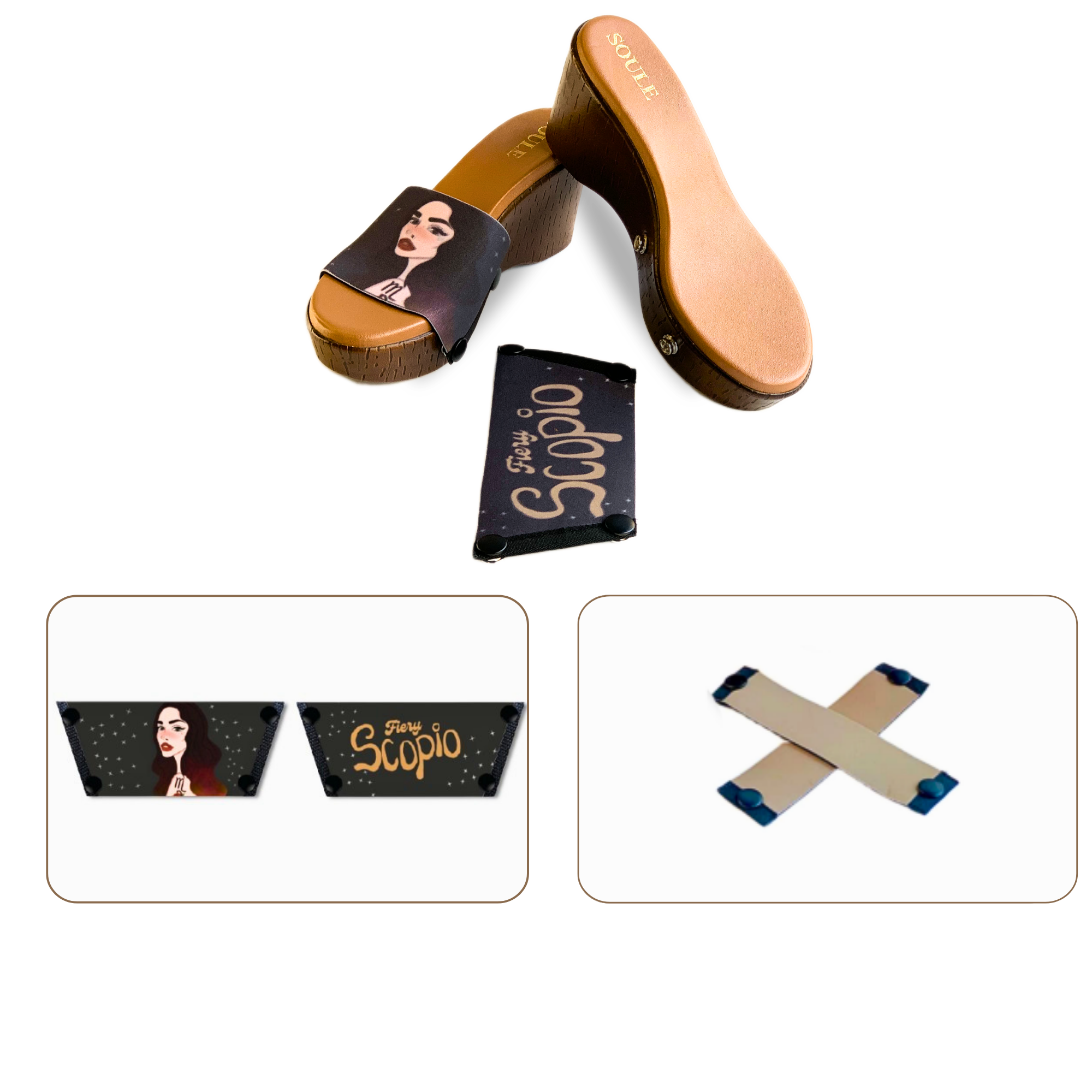 Soule  wedge sandal combo — Fiery Scorpio and Beige Criss Cross straps with Brown Brush sole