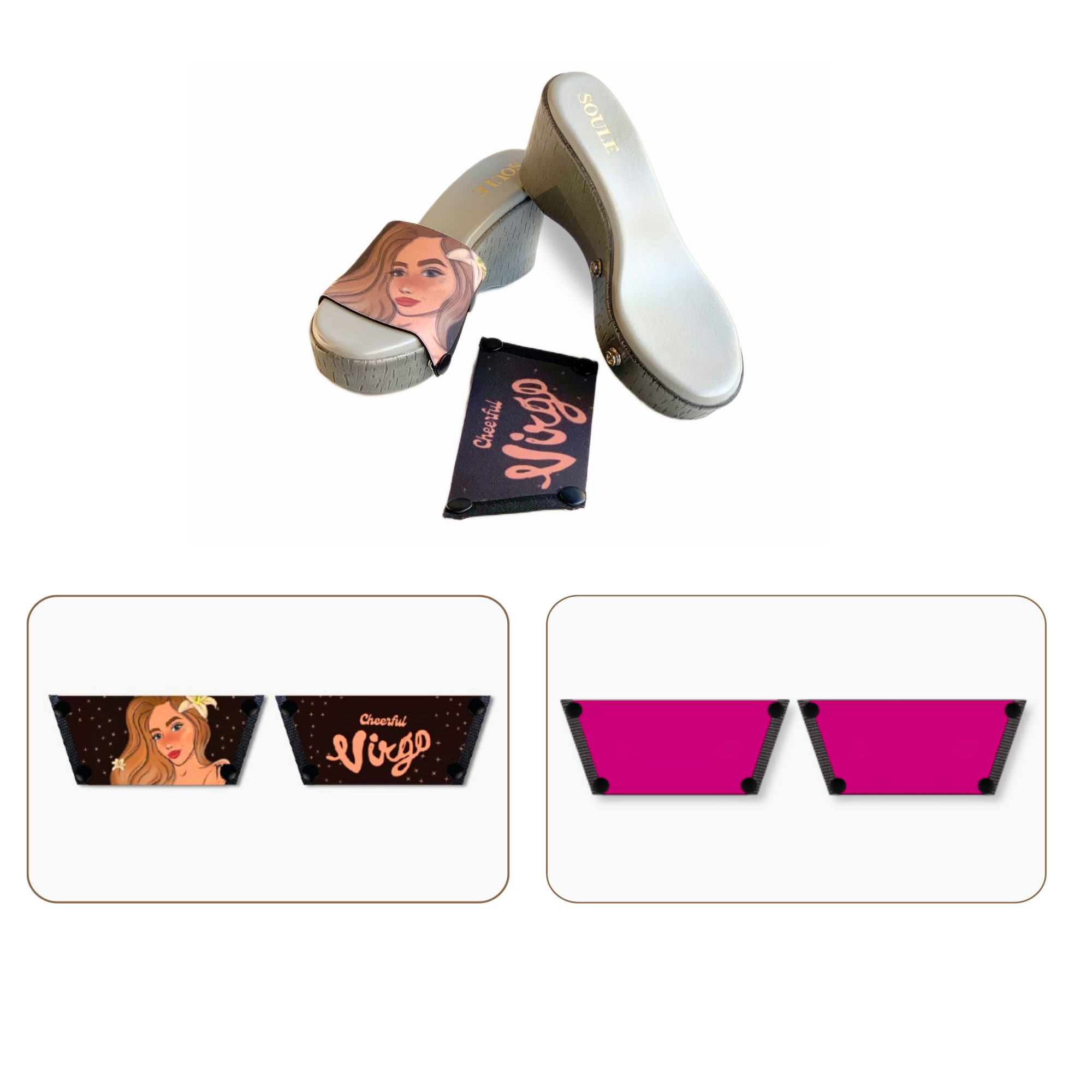 Soule wedge sandal combo — Cheerful Virgo and Shocking Pink straps with Grey Brush sole