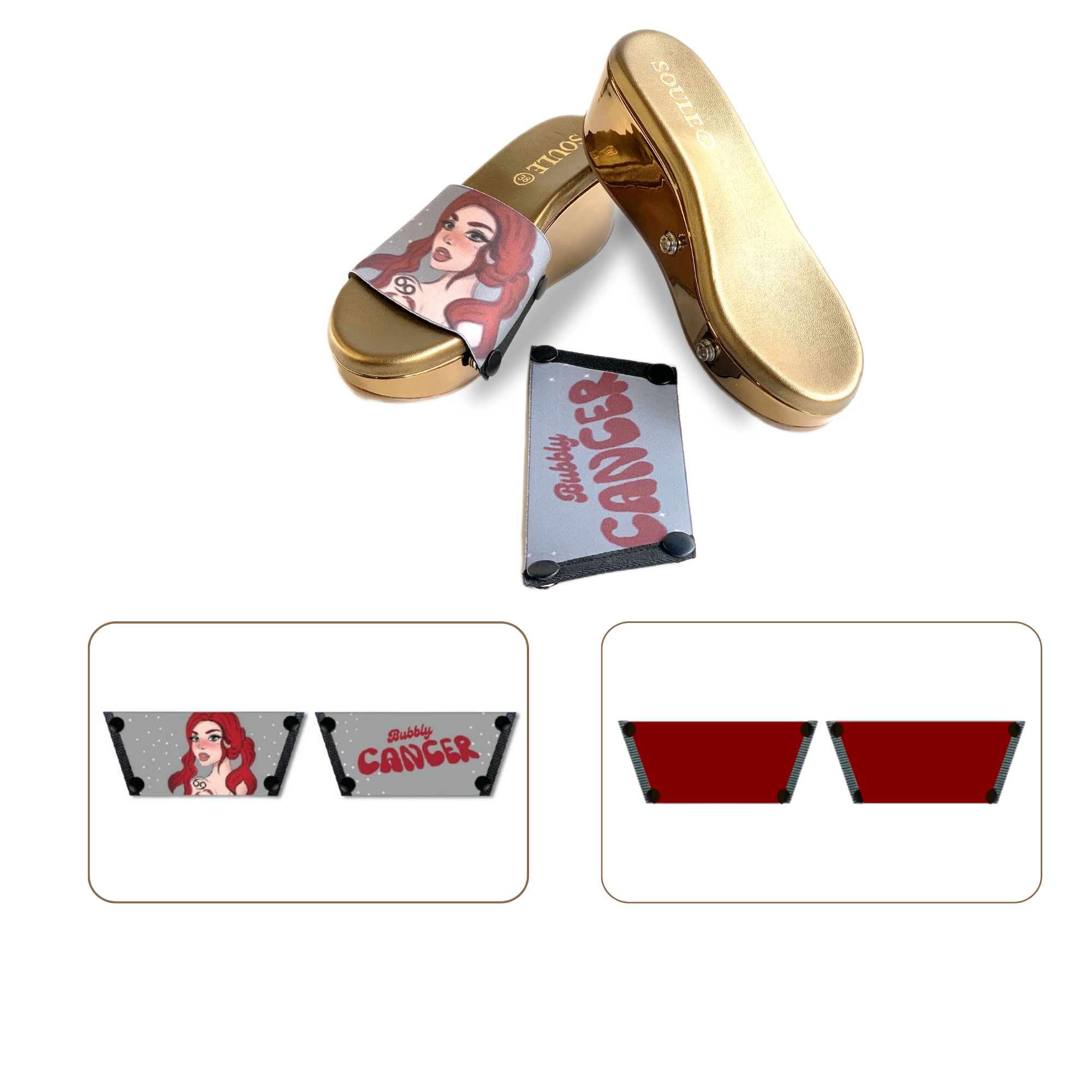 Soule wedge sandal combo — Bubbly Cancer and Maroon straps with Metallic Muse sole