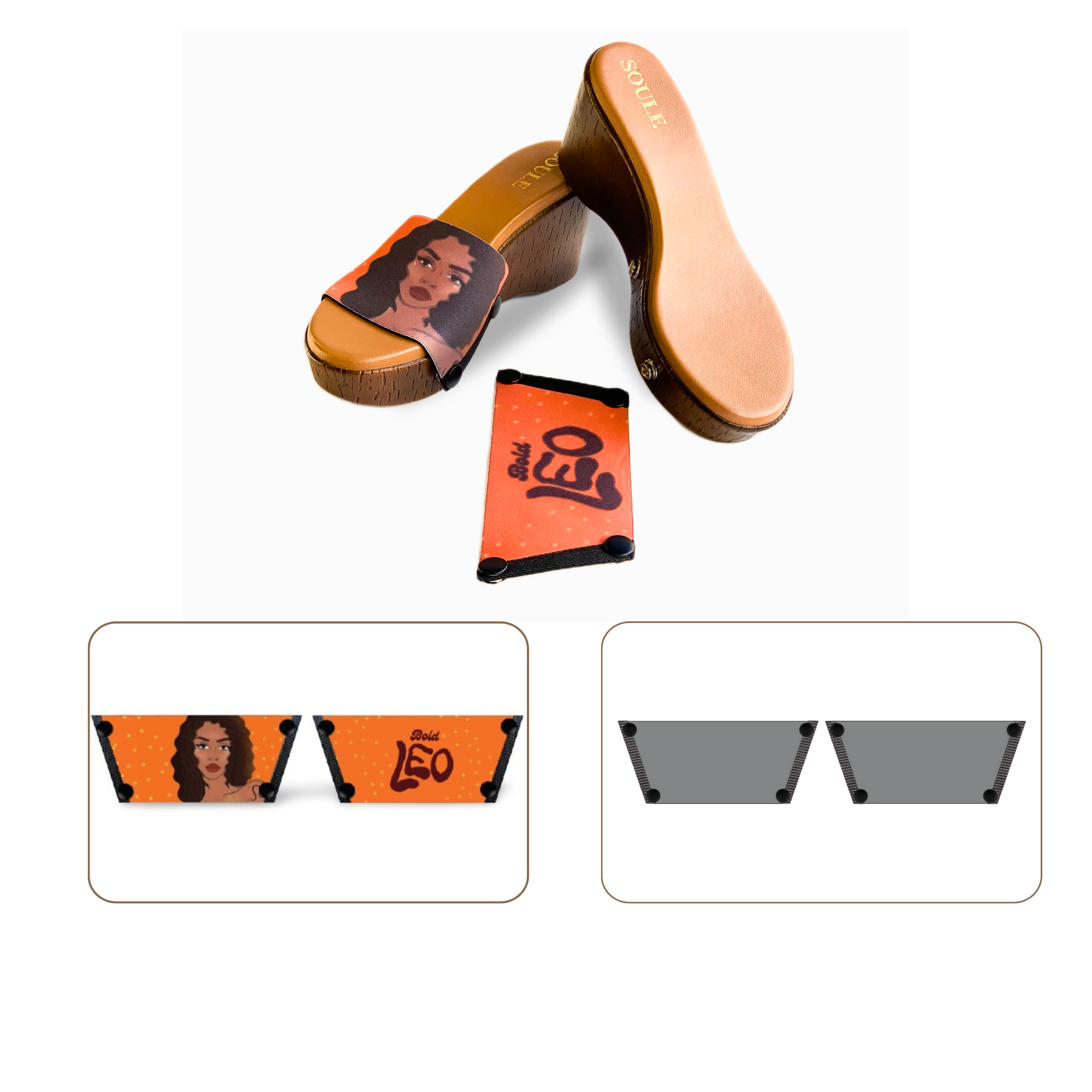 Soule wedge sandal combo — Bold Leo and Slate straps with Brown Brush sole