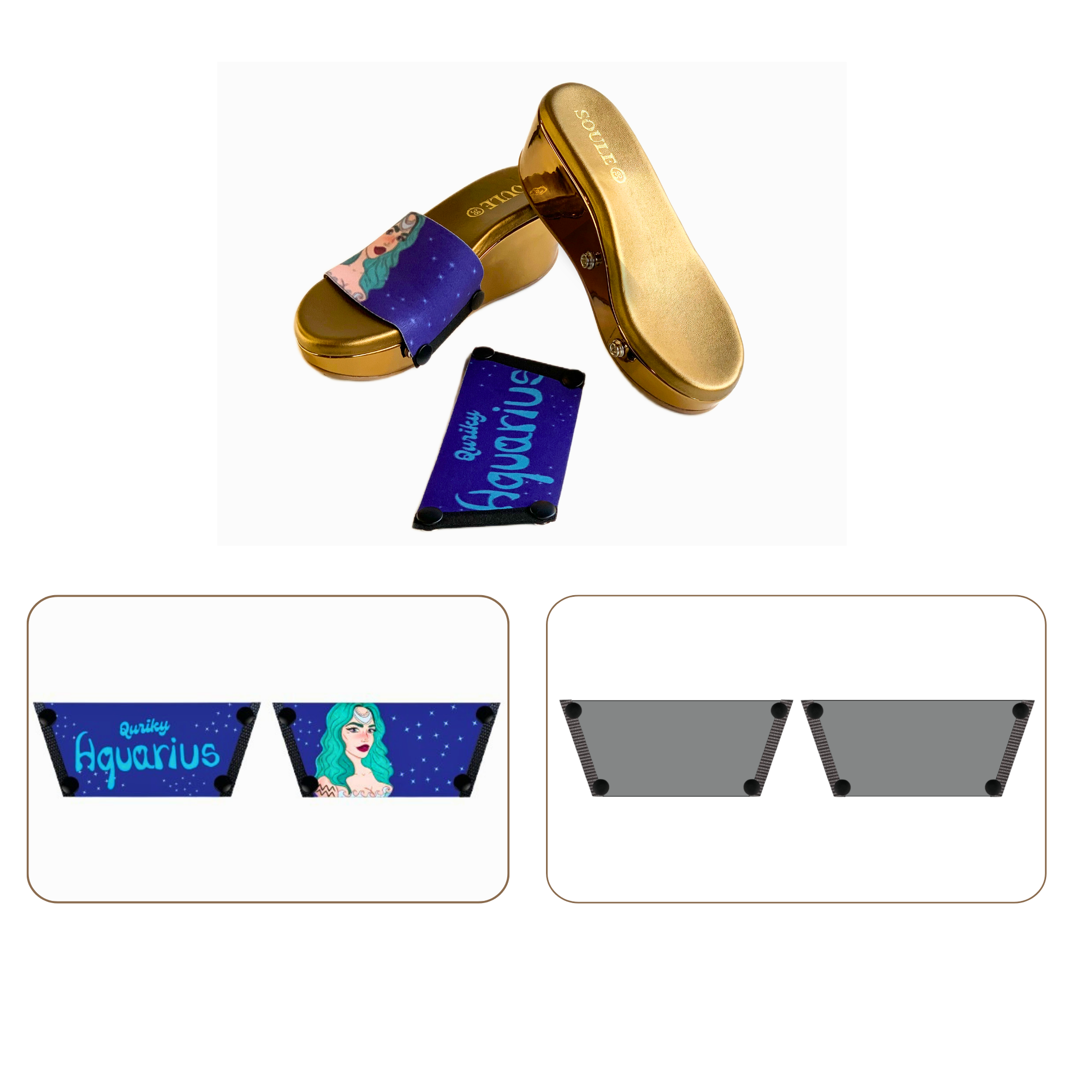 Soule wedge sandal combo — Quirky Aquarius and Slate Serenity straps with Metallic Muse sole
