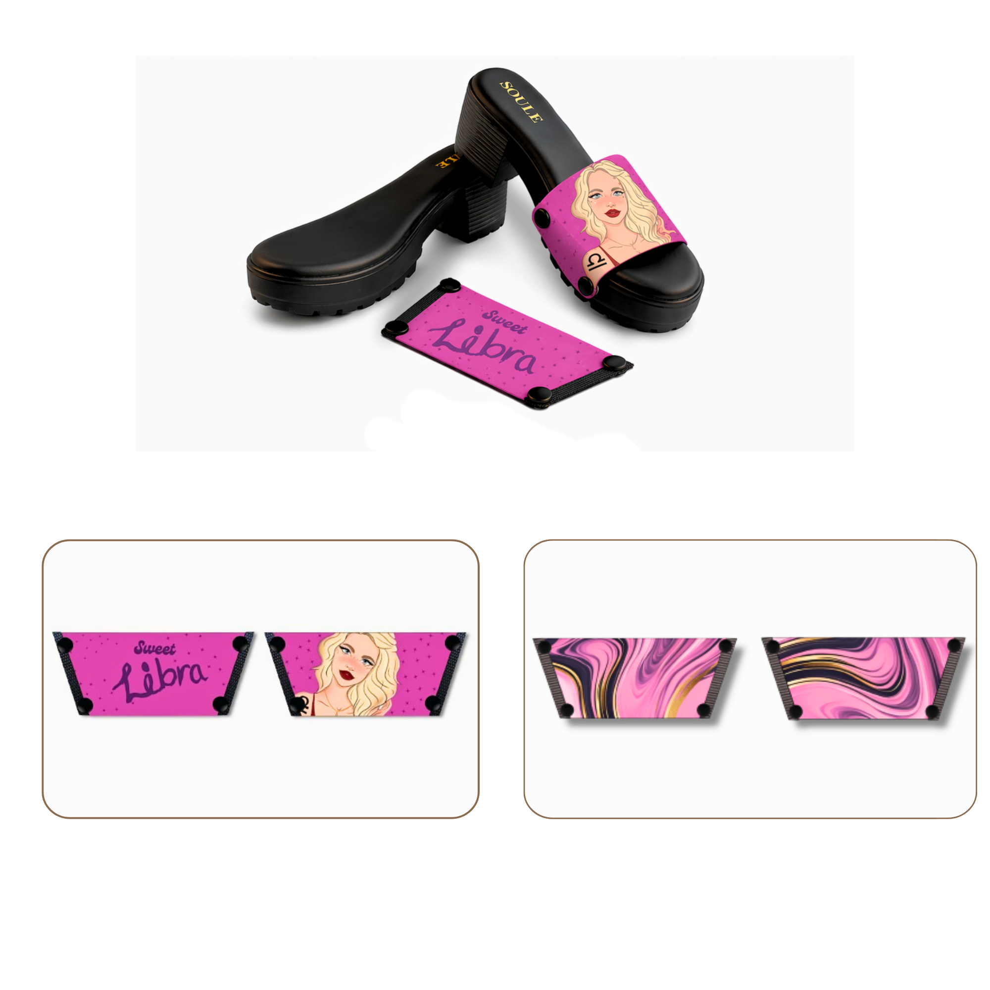 Soule  wedge sandal combo — Sweet Libra and Pink Swirl Symphony straps with Black Bliss sole