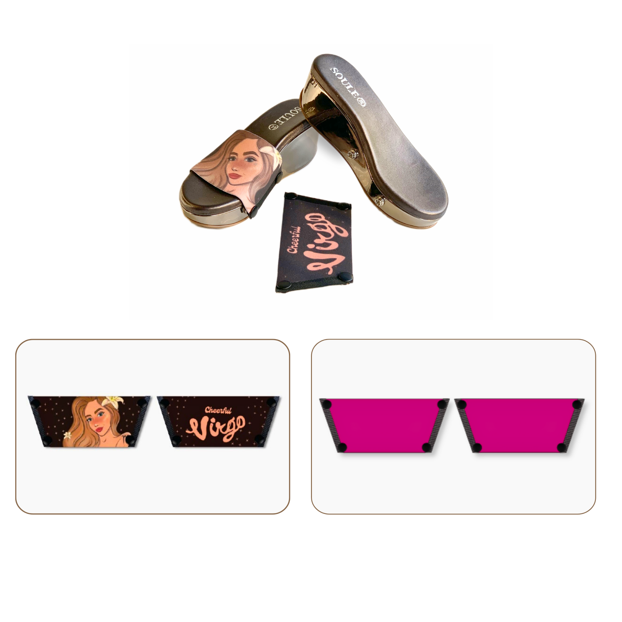 Soule wedge sandal combo — Cheerful Virgo and Shocking Pink straps with Gun Metal sole